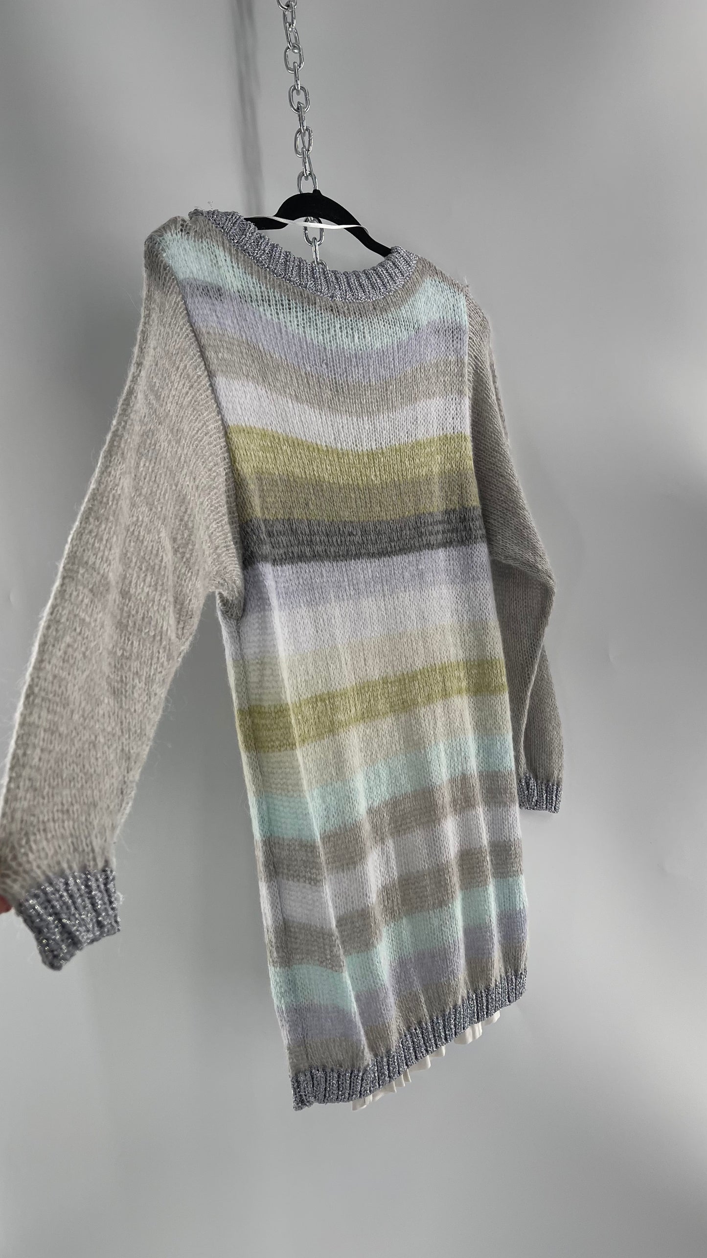 Free People Striped Sweater with Glitter Knit Cuffs and Collar (XS)