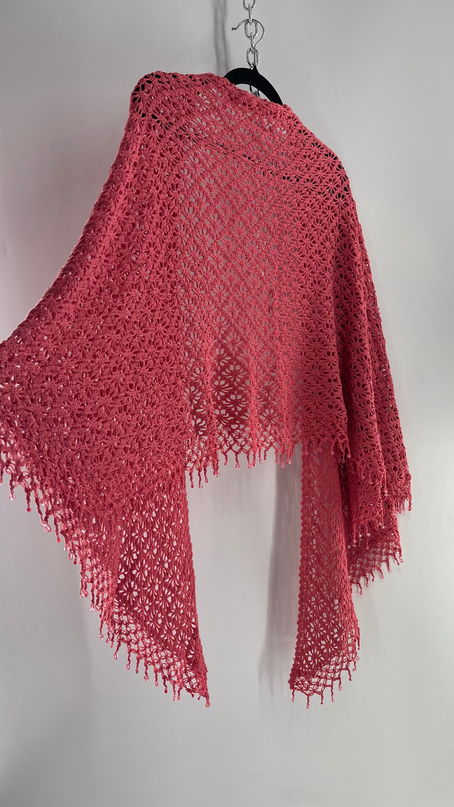 Vintage Hand Crochet Pink Shawl with Beaded Fringe Hem (One Size)