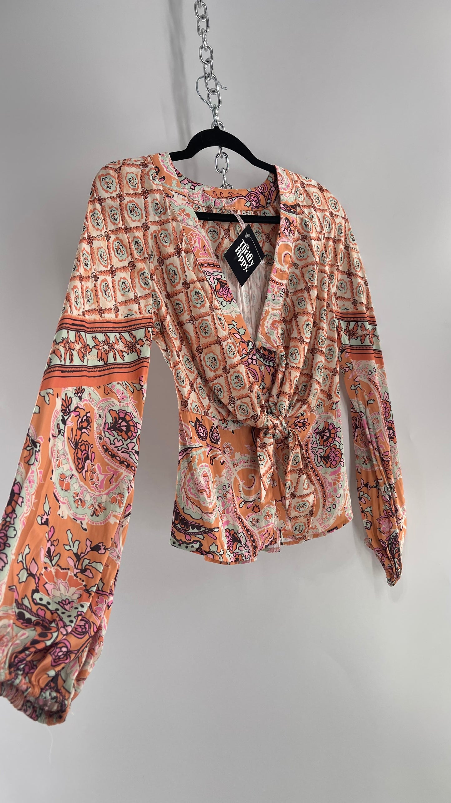 Free People Orange Pastels Paisley Blouse with Bust Tie and Balloon Sleeves (XS)