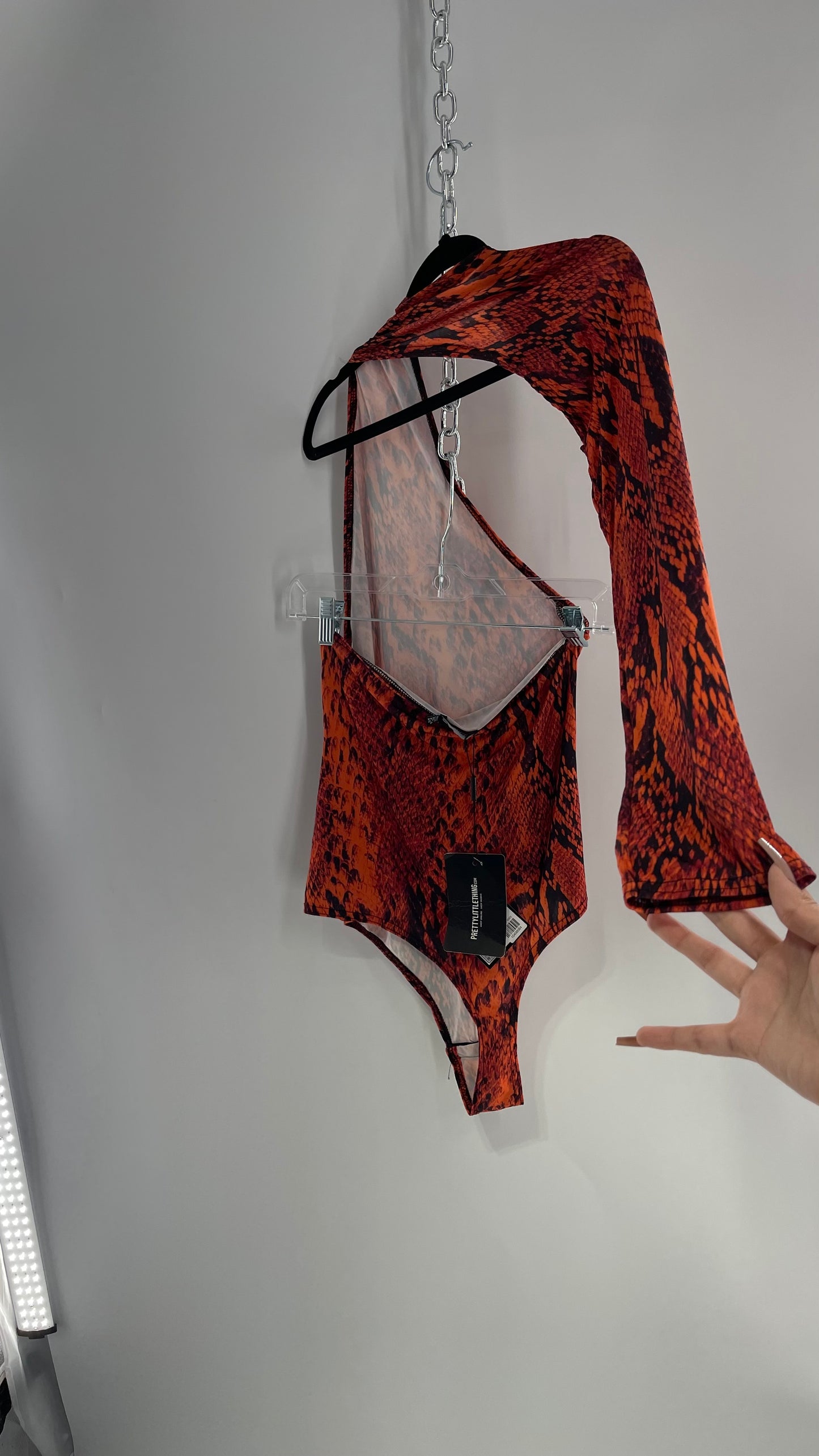 Pretty Little Thing Orange Snake Print Wrap Around Single Sleeve Bodysuit with Tags Attached(12)