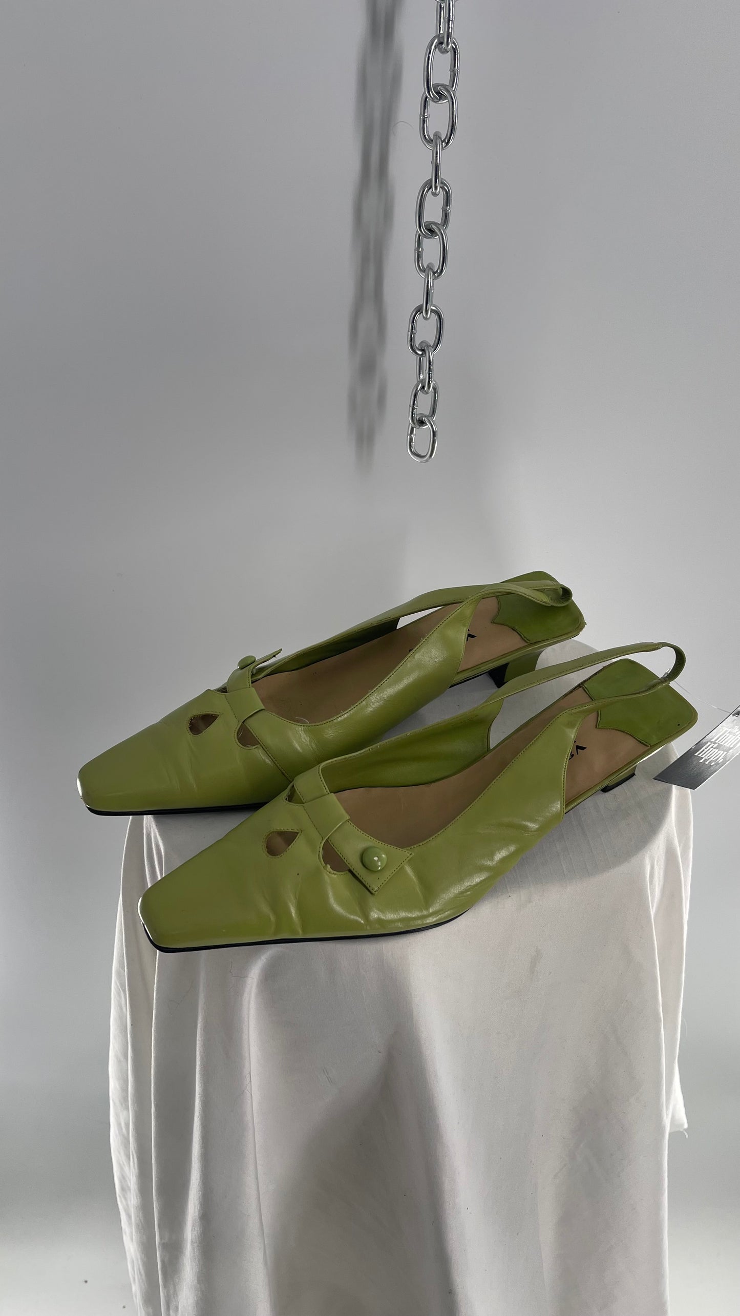 Vintage Valley Lane Abstract Avacado Green Pointed Toe, Square Heel Slingbacks (11)