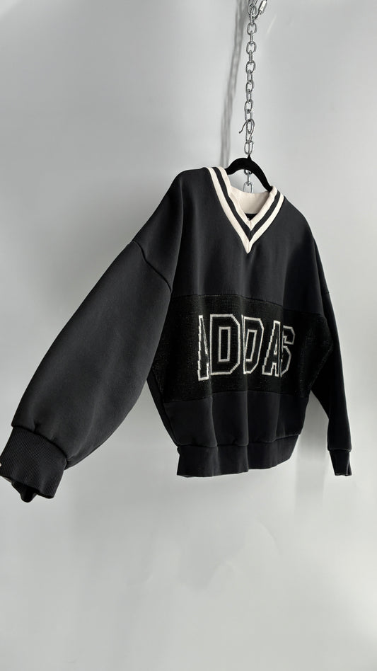 Vintage ADIDAS Black and White Varsity Crew Neck (Small)