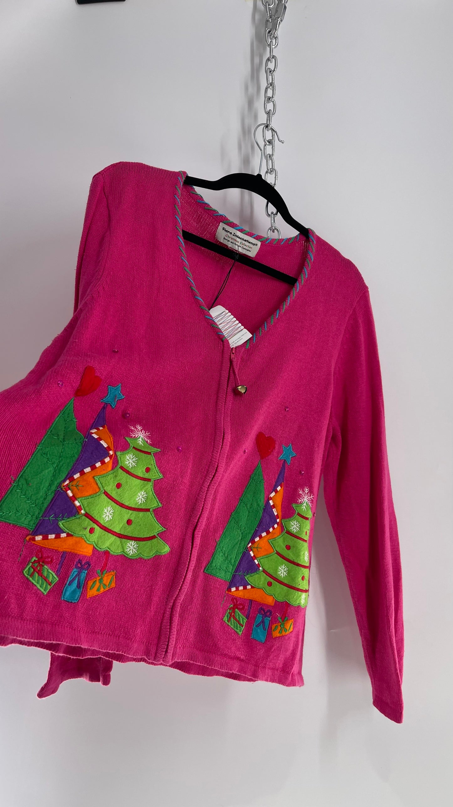 Vintage Urban Outfitters Renewal Pink Patchwork Christmas Tree Zip Front Knit with Tags Attached (Large)