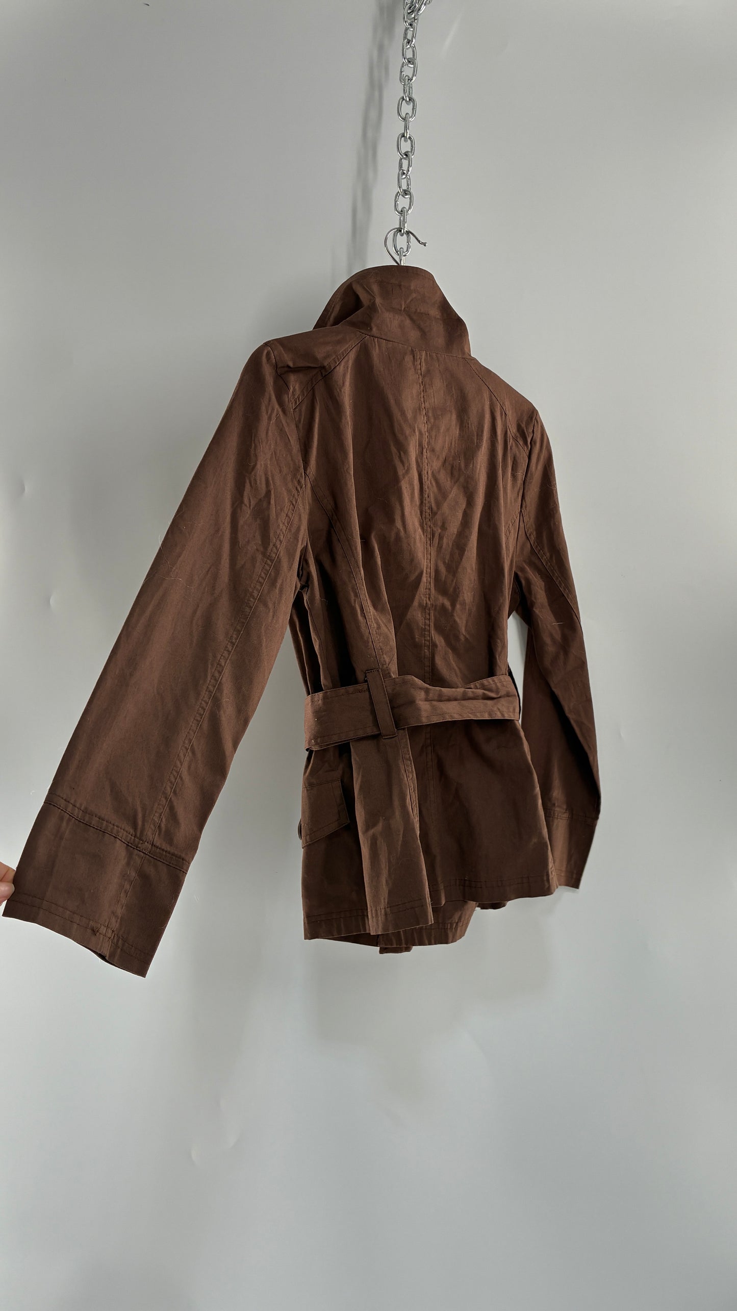 Vintage LAST KISS Brown Belted Trench Jacket with Pipe Neck and Oversized Buttons (Medium)