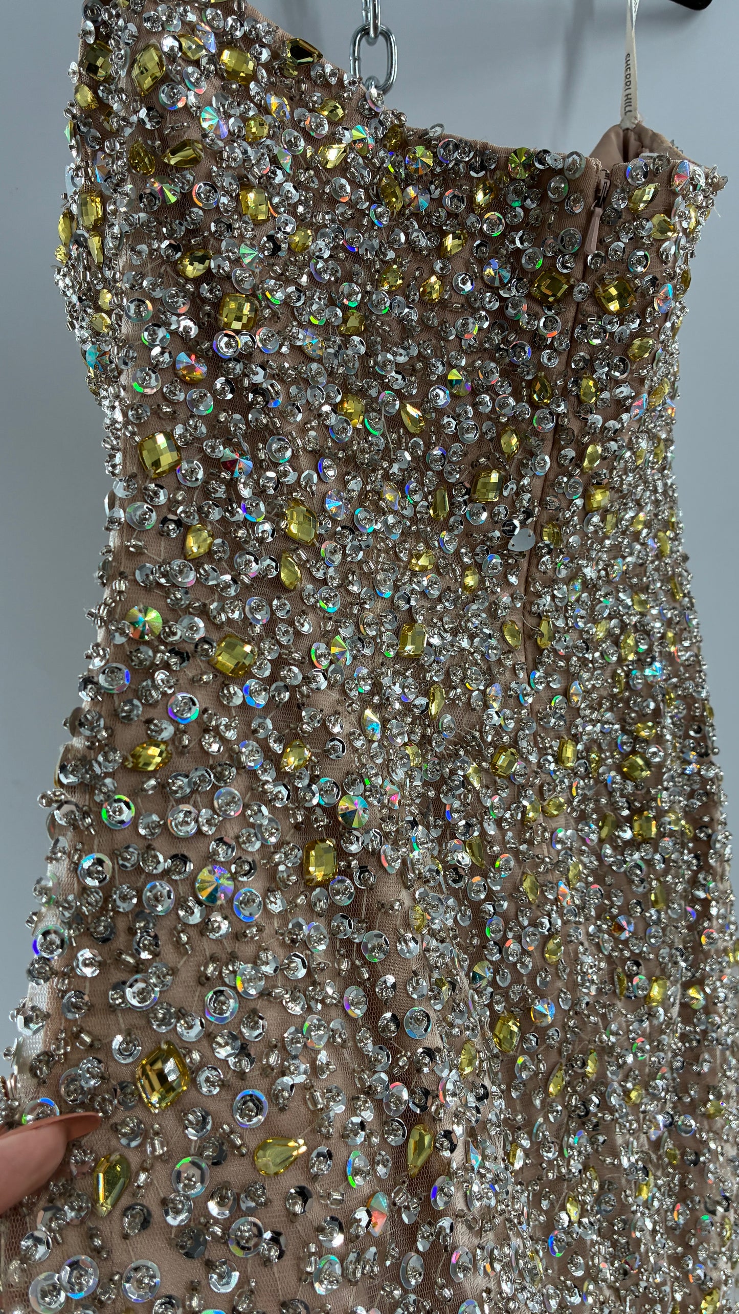 Vintage SHERRI HILL Nude Tan Underlay Mini Dress, Full Bedazzled and Covered in Beads  (6)