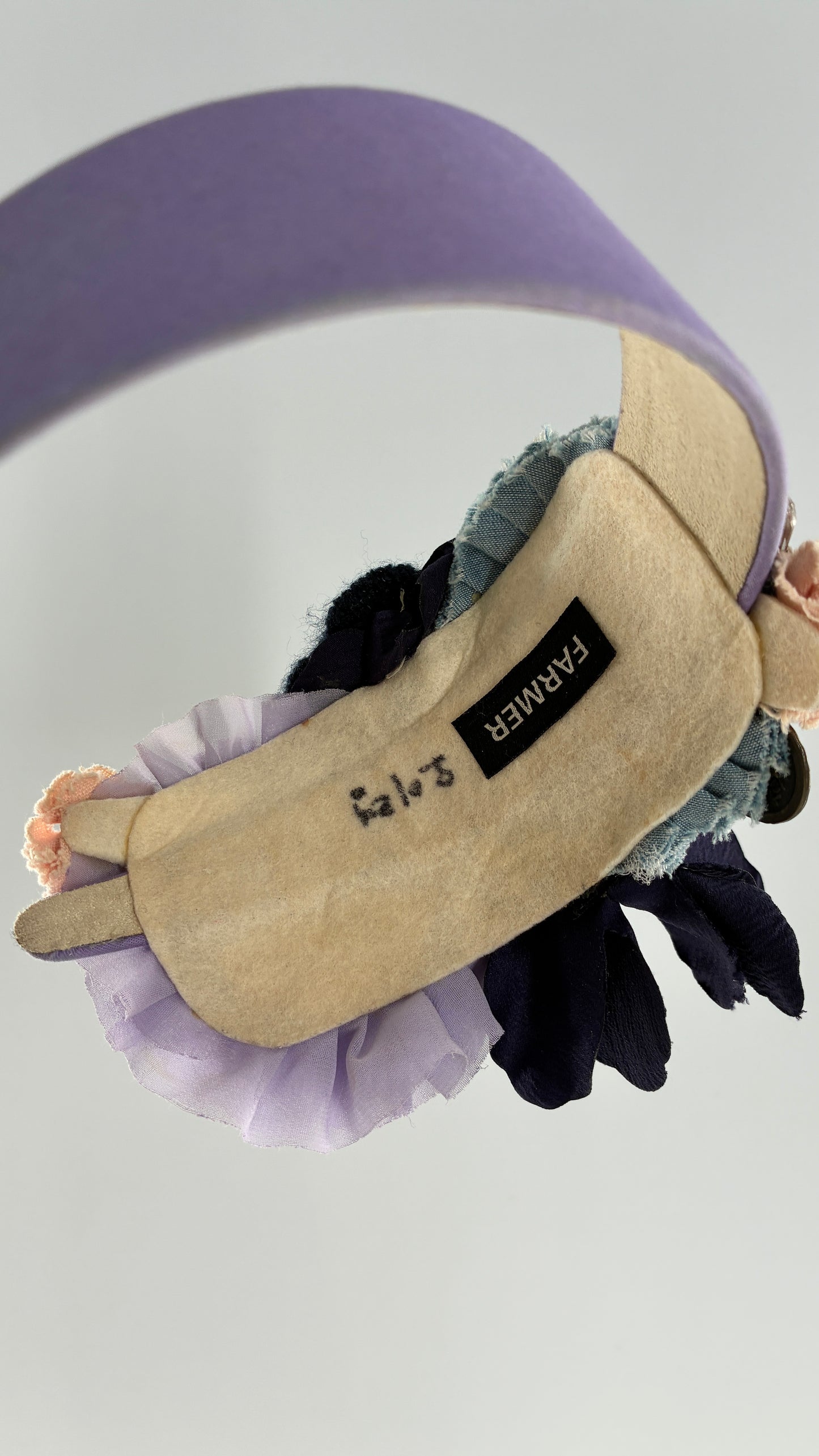 Vintage FARMER Handmade Lilac Headband with Purple Ribbon,  Pleated, Floral, and Gemstone Appliqués