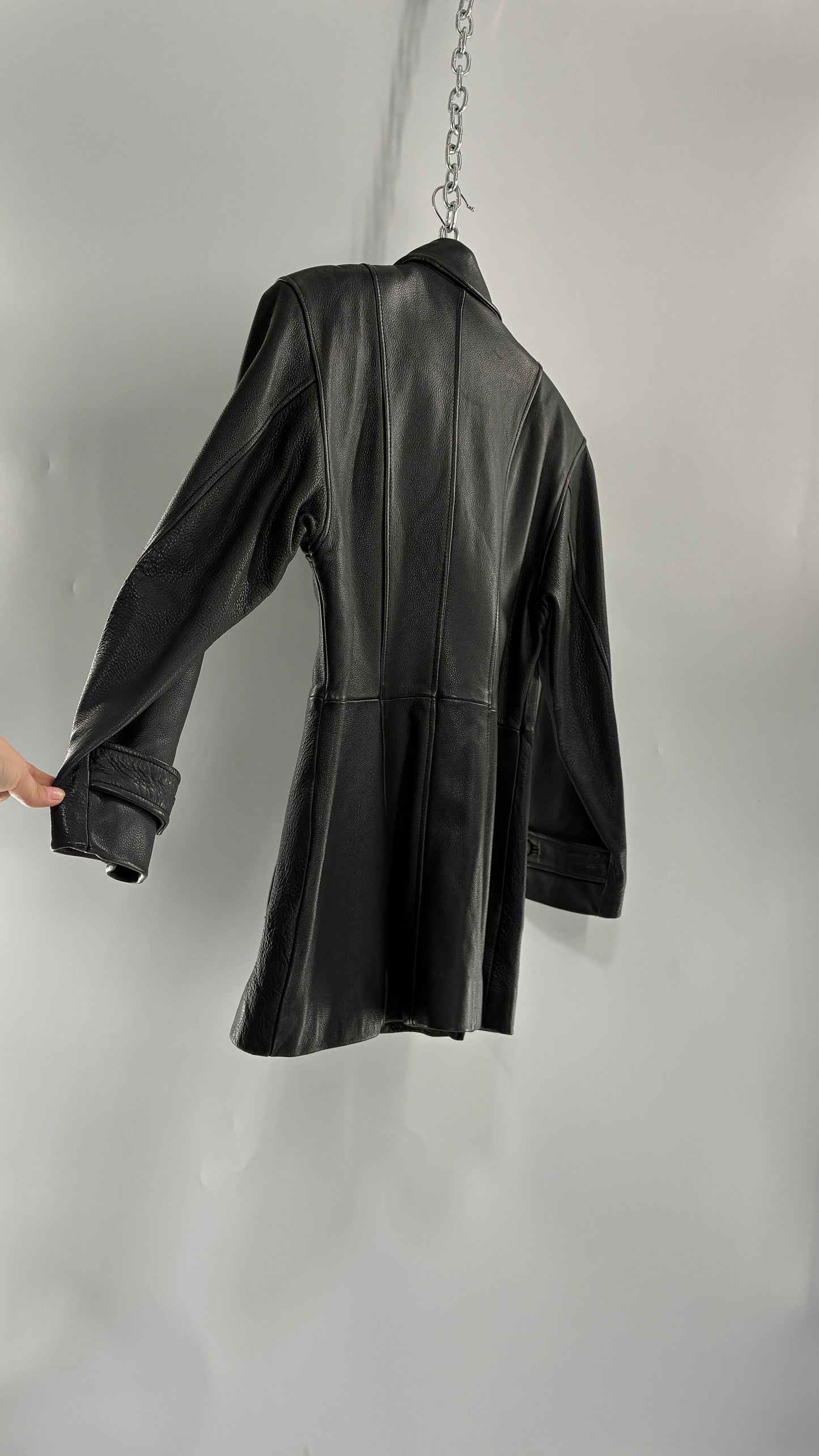 Vintage LUIS ALVEAR Thick Genuine Leather Black Trench Style Jacket (XS)