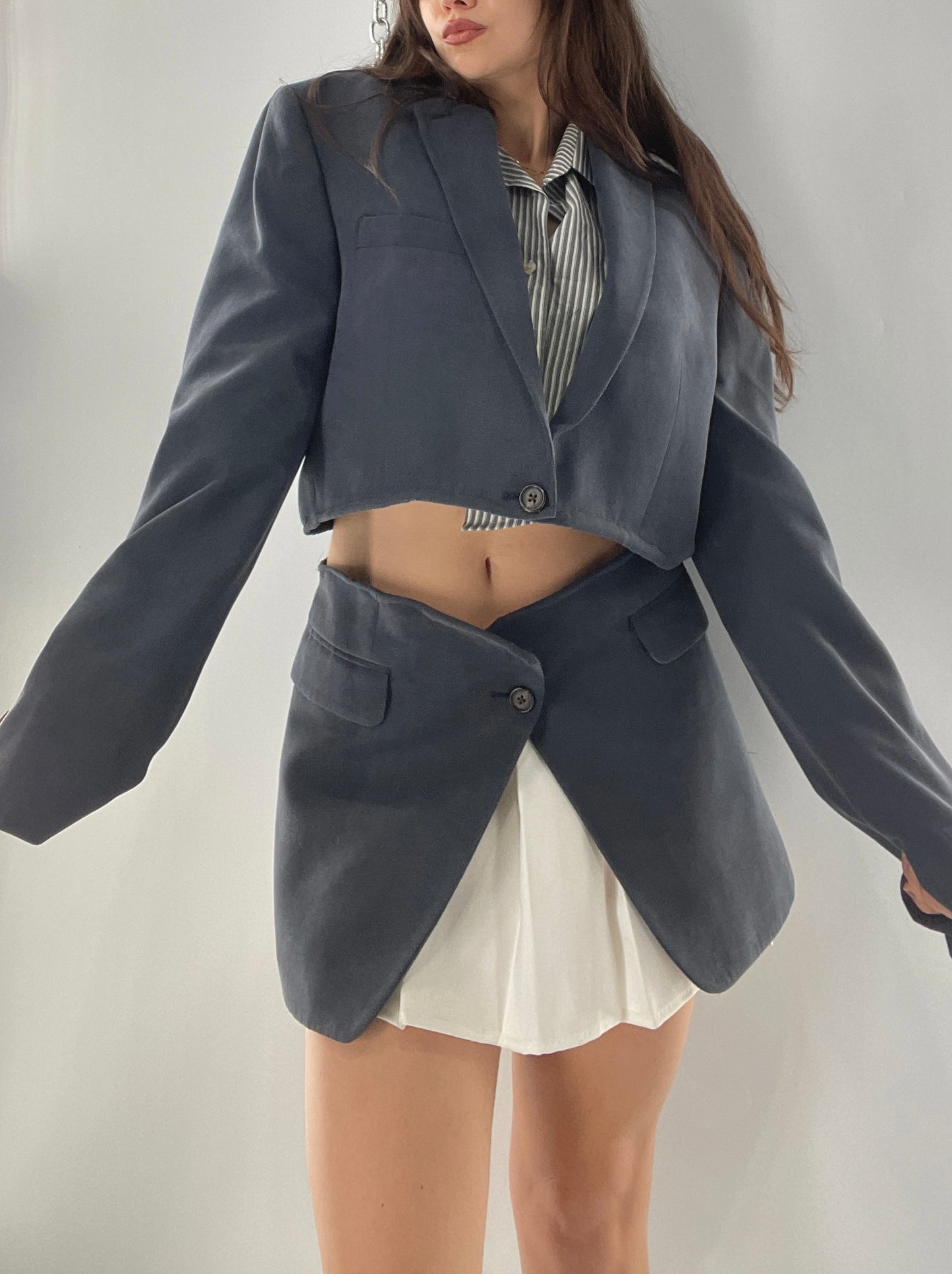 CUSTOM Handmade 2pc Suit Set Gray/Blue with Open Corset Back Skirt and Cropped Jacket (One Size)