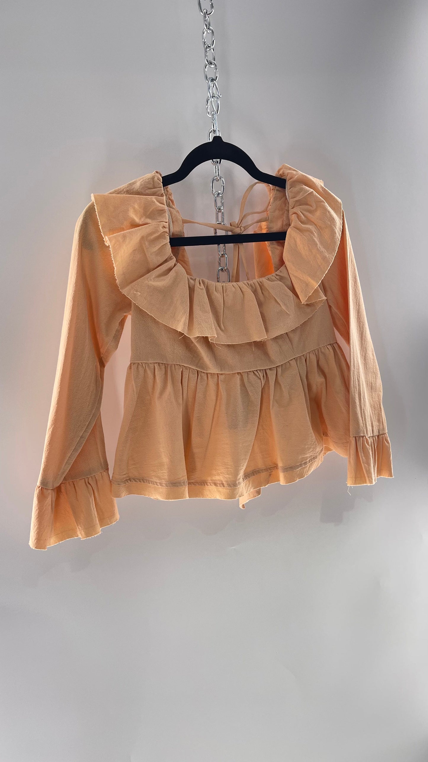 Free People Pumpkin Light Orange Backless Bow Back Cropped Blouse with Ruffle Sleeve and Neckline (XS)