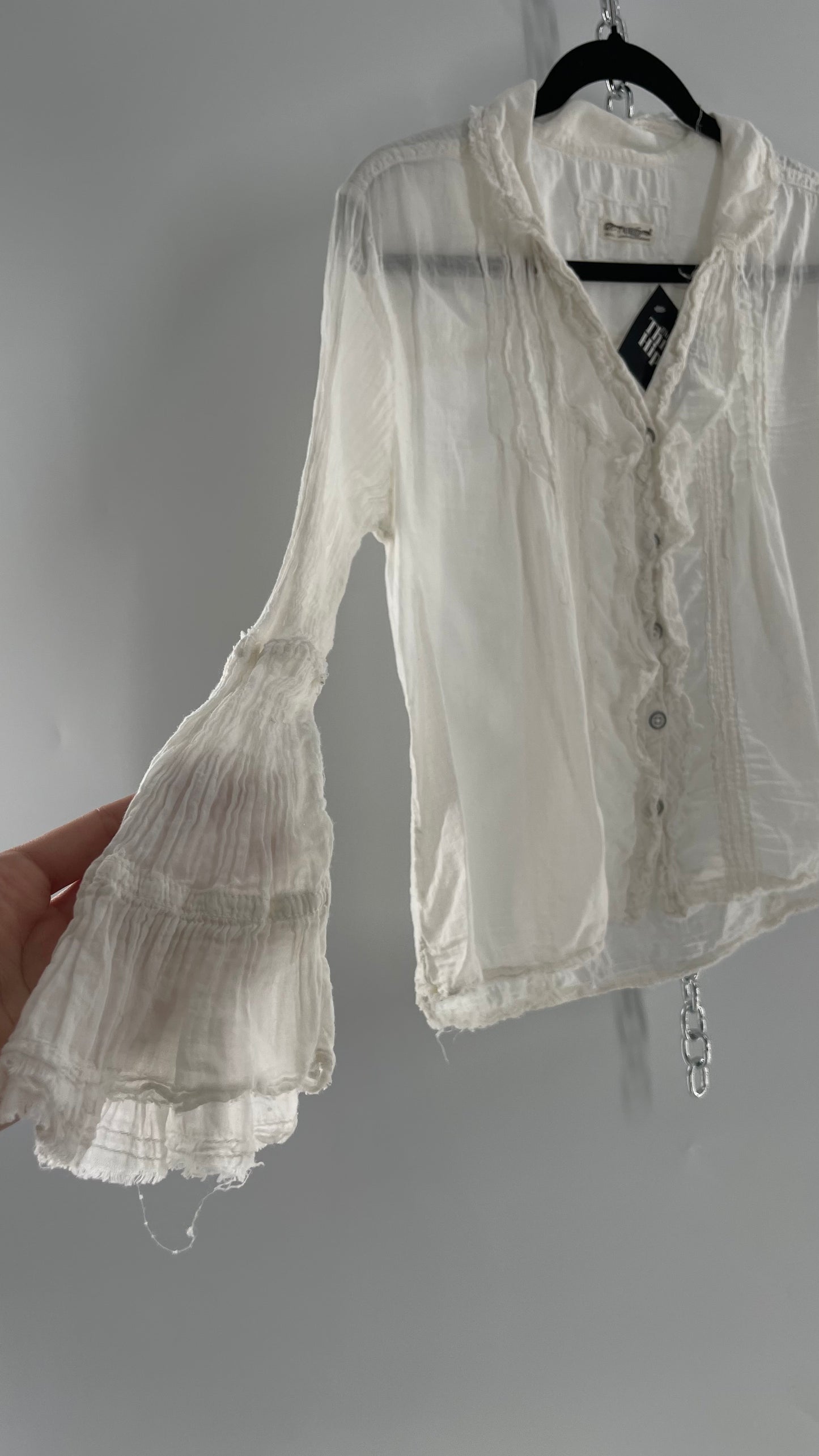 Free People White Cotton Ruffle Button Up with Crimped Sleeves (Small)