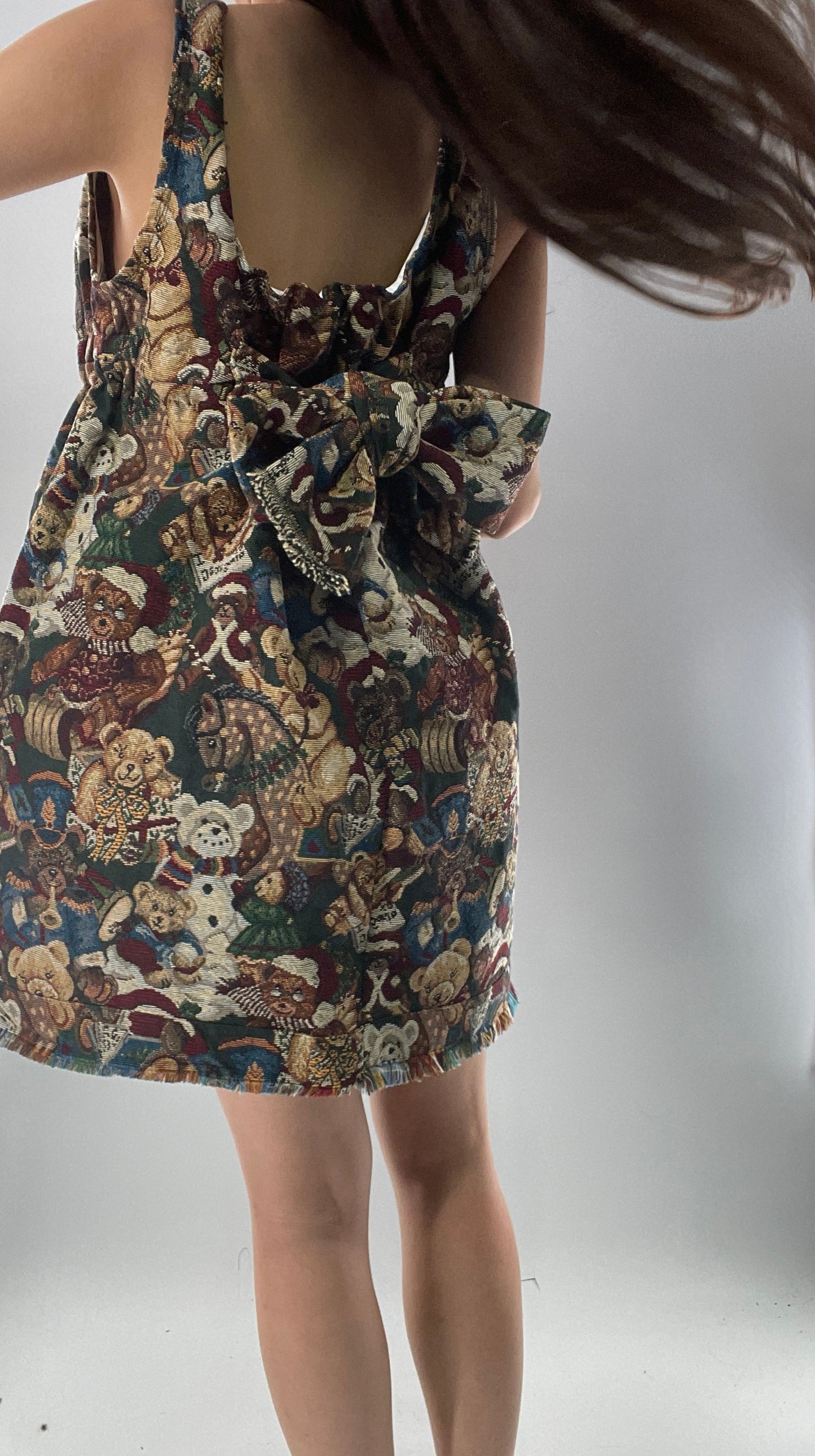 Christmas Custom Teddy Bear Tapestry Babydoll Dress with Bow Back Detail and Adjustable Neckline/Underbust (XS-L)