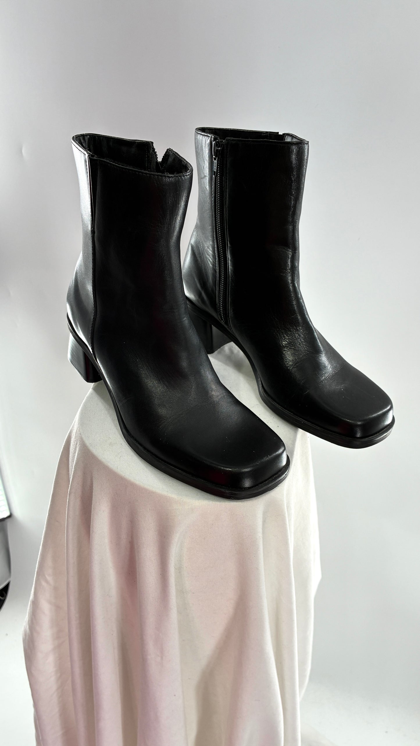 Vintage Naturalizer Black Square Toe Genuine Leather Block Heel Boots Made in Brazil (8)