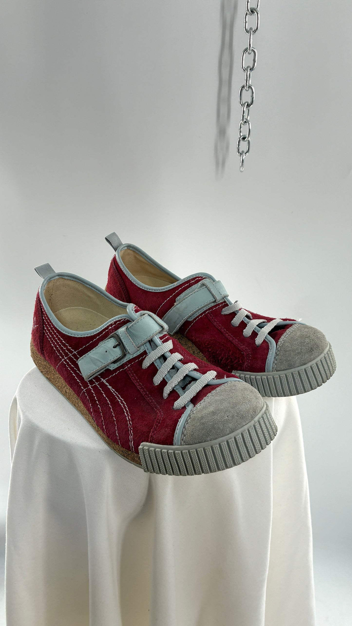 RARE 1/1 PUMA X Neil Barrett 2004 Maroon Red Suede Round Toe Sneaker with Powder Blue Stitching, Laces, and Velcro Buckle (11)