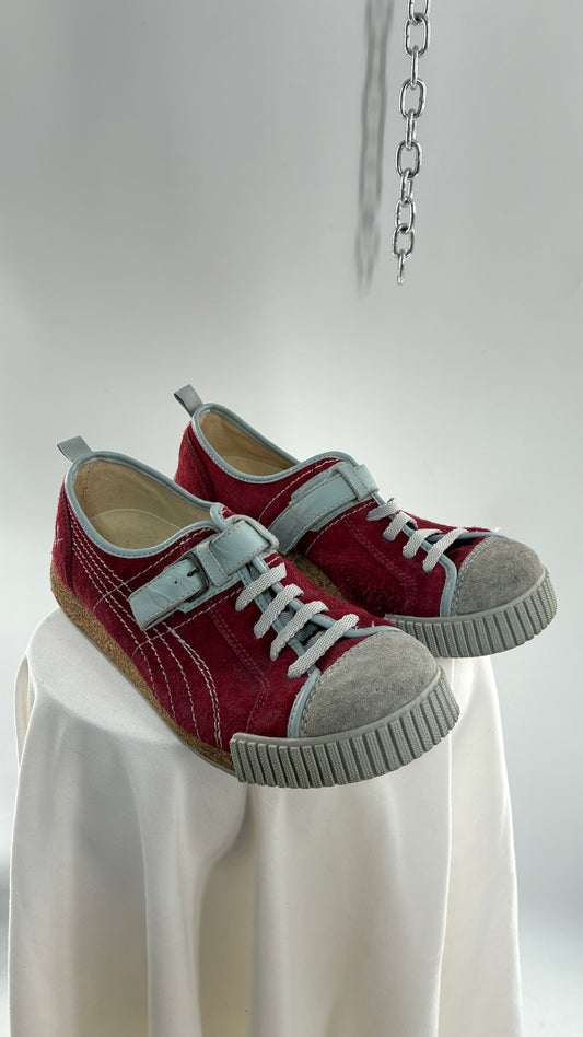 RARE 1/1 PUMA X Neil Barrett 2004 Maroon Red Suede Round Toe Sneaker with Powder Blue Stitching, Laces, and Velcro Buckle (11)
