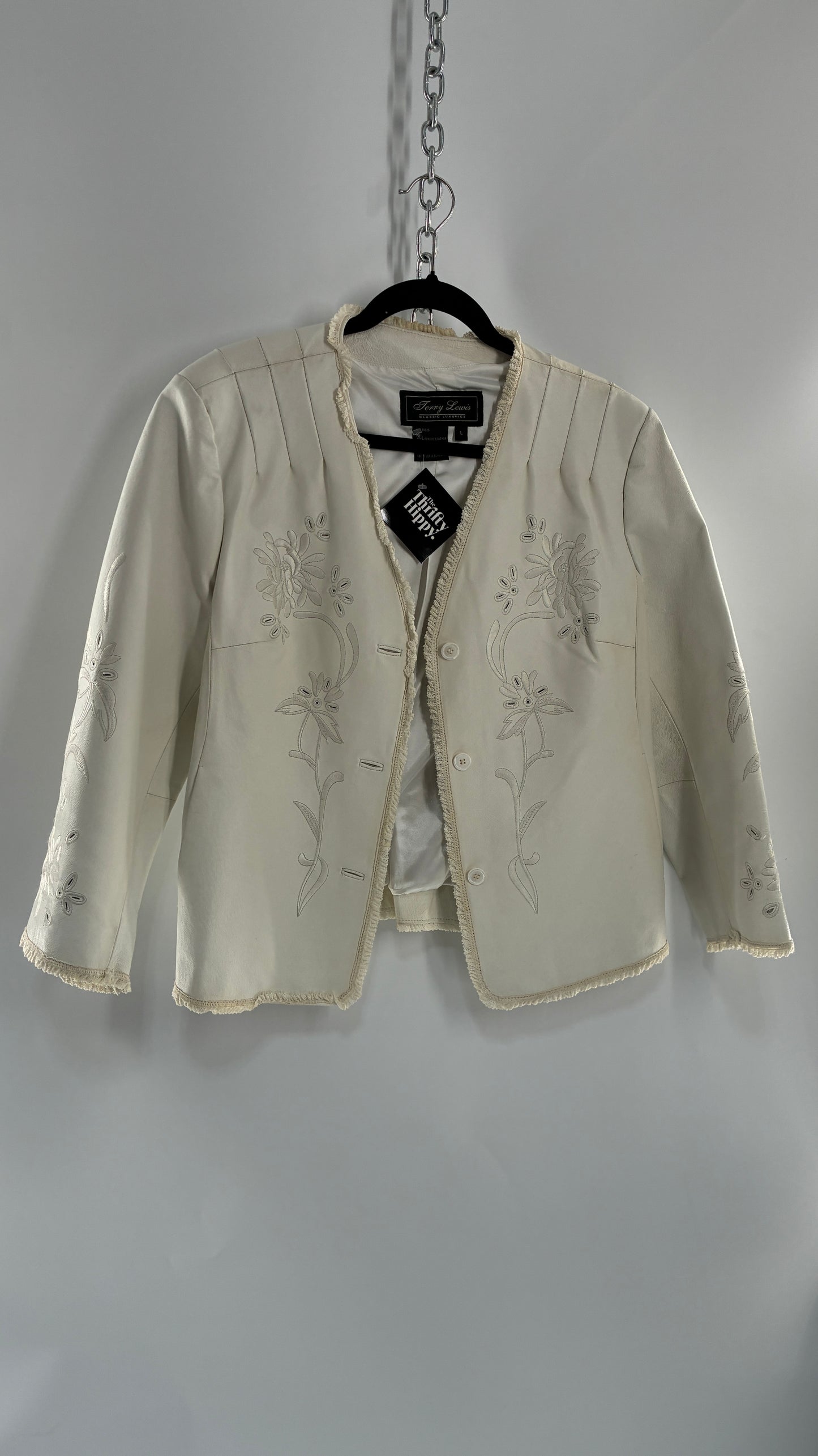 Vintage TERRY LEWIS White Leather Pleated Back, Embroidered Jacket with Lace Trim (Large)