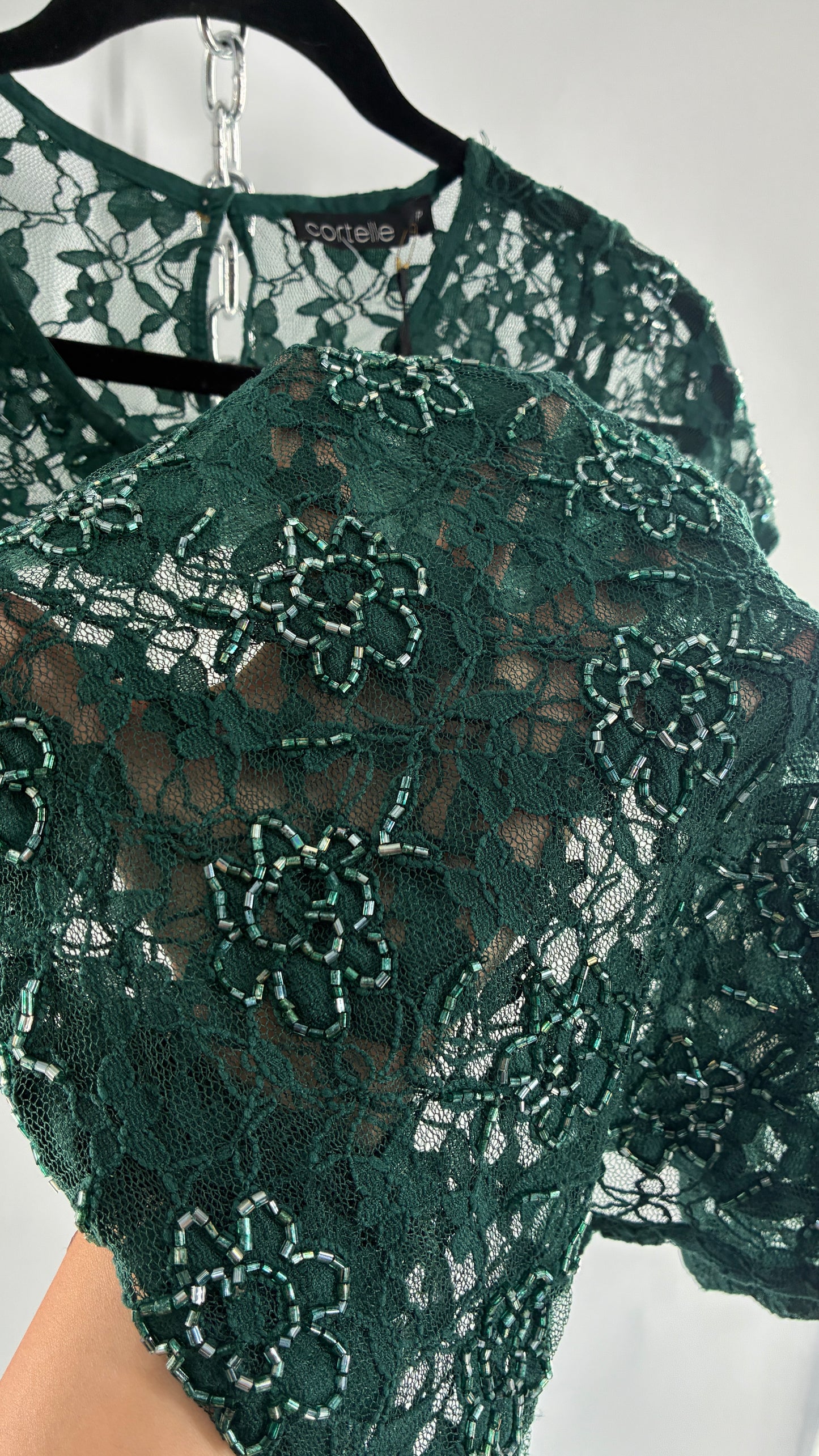 Imported Deadstock Vintage Green Beaded Floral Lace Fitted T (XS/S)