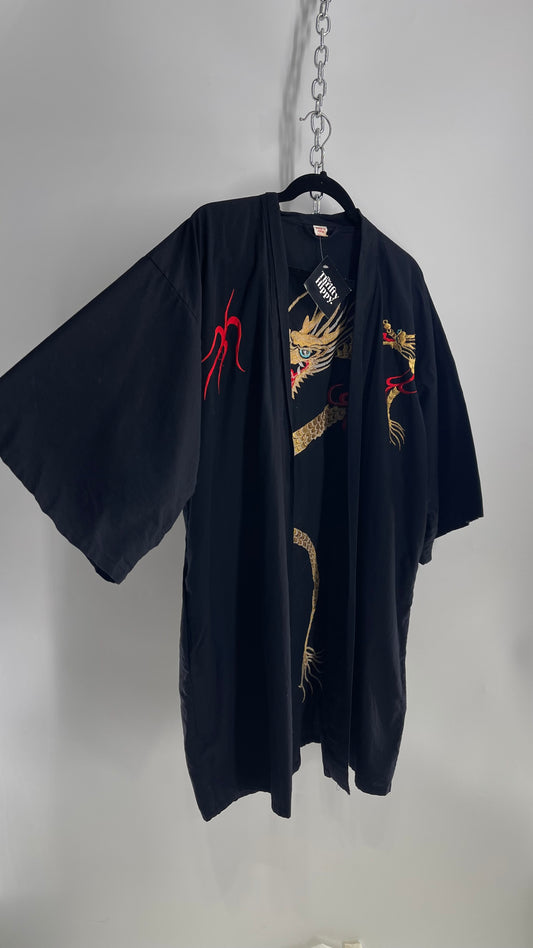 Vintage Japanese Cotton Cape/Kimono/Cardigan Robe with Hand Embroidered Gold Dragon (Small)