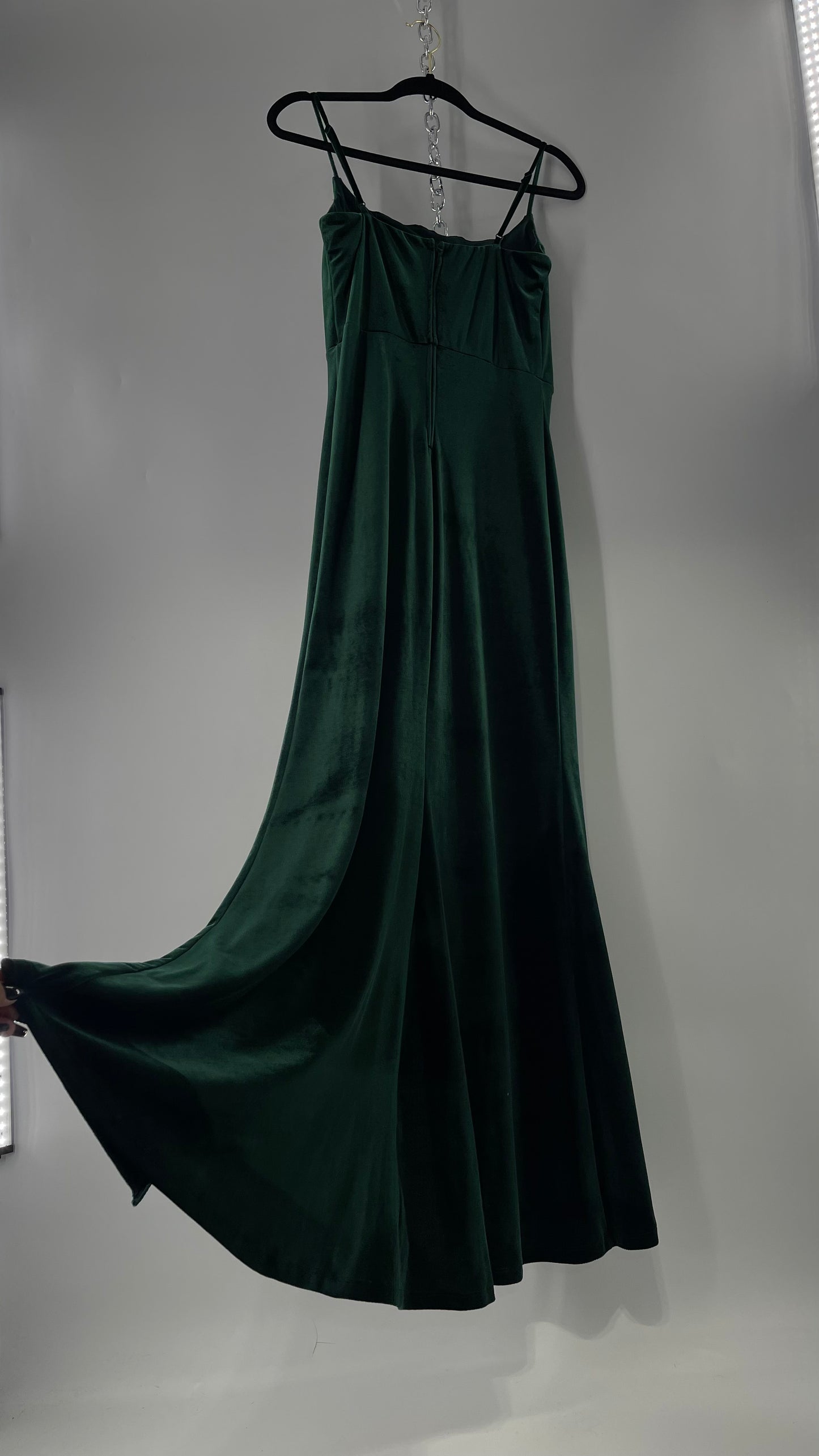 Windsor Forest Green Velvet Maxi Dress with Corseted Bust and Side Slit (11/12)