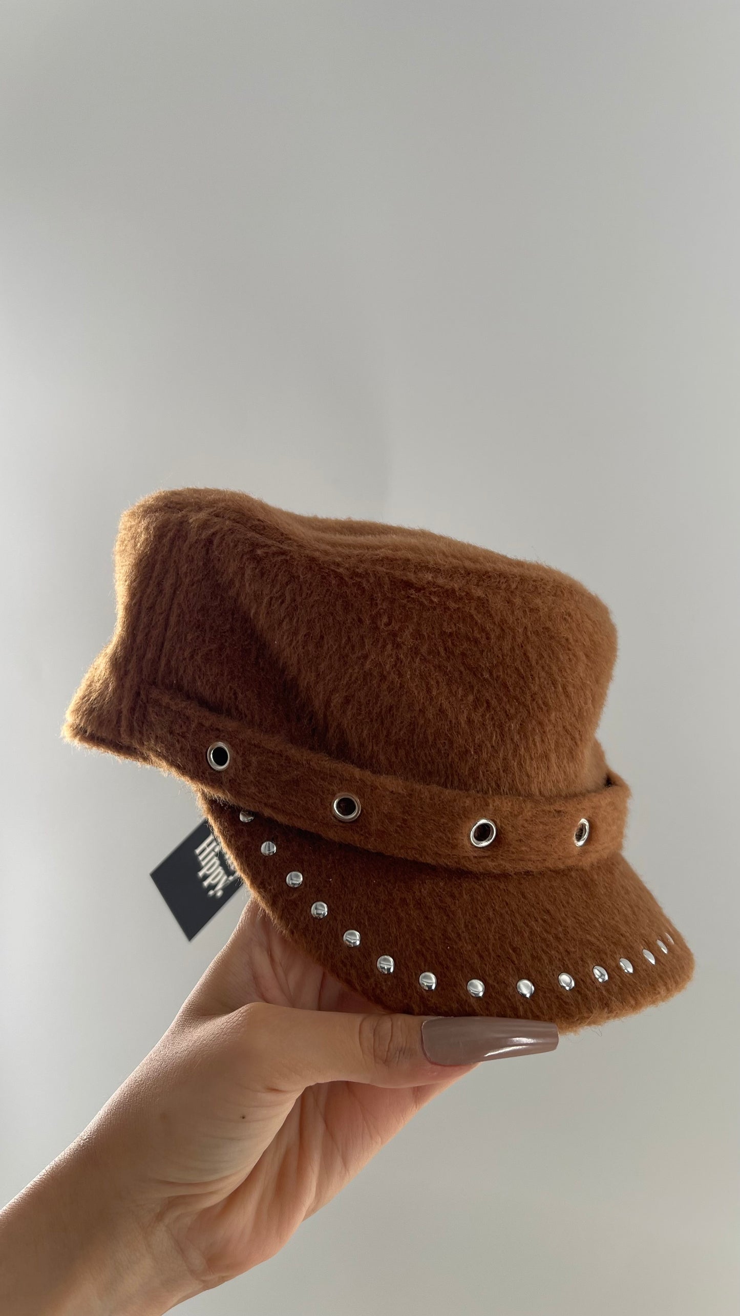 Studded Fuzzy Brown Newsboy Cap