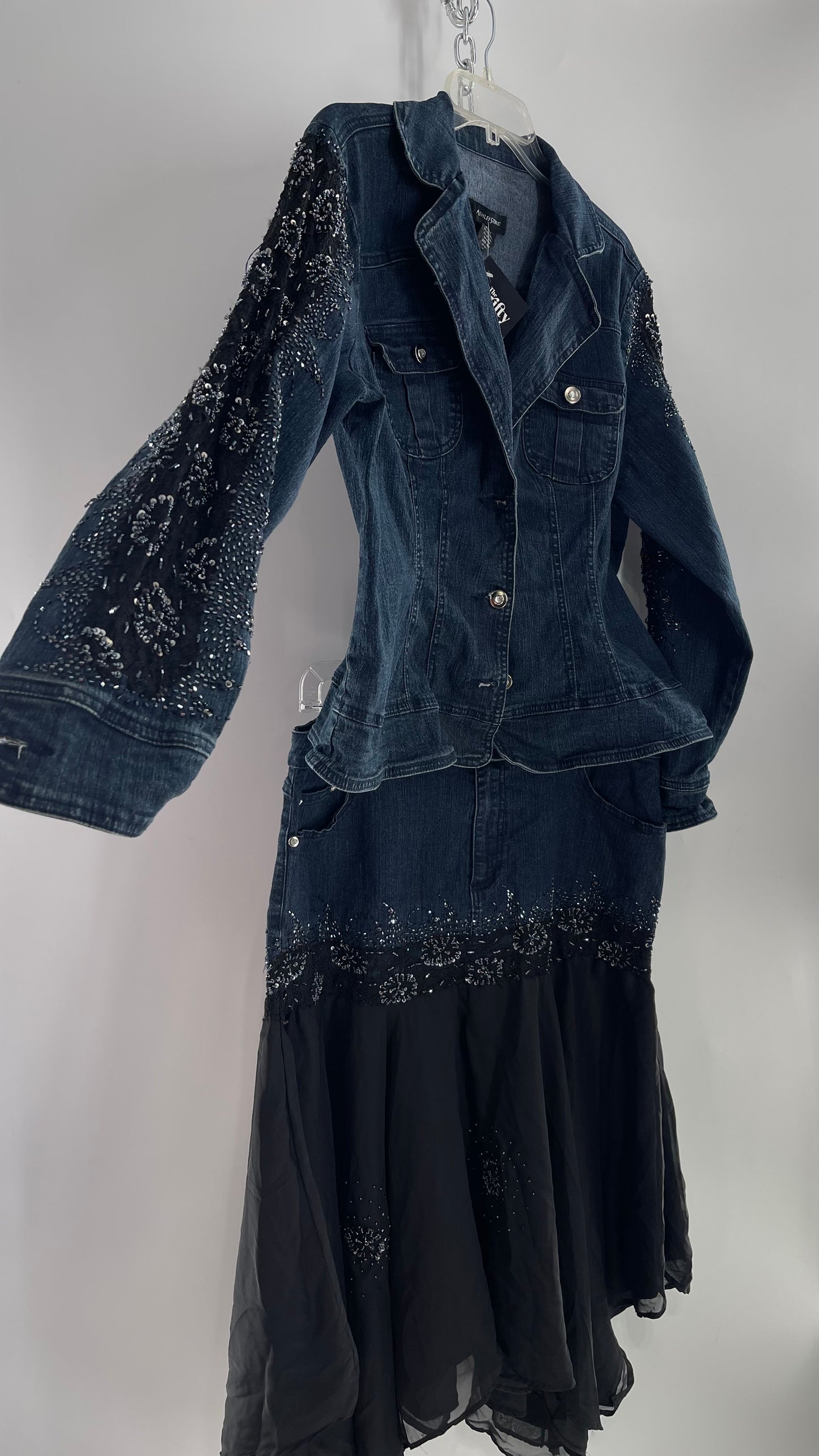 Vintage Ashley Stewart Denim Skirt and Button Up Set with Black Embroidered and Beaded Lace Details + Handkerchief Skirt (16W)