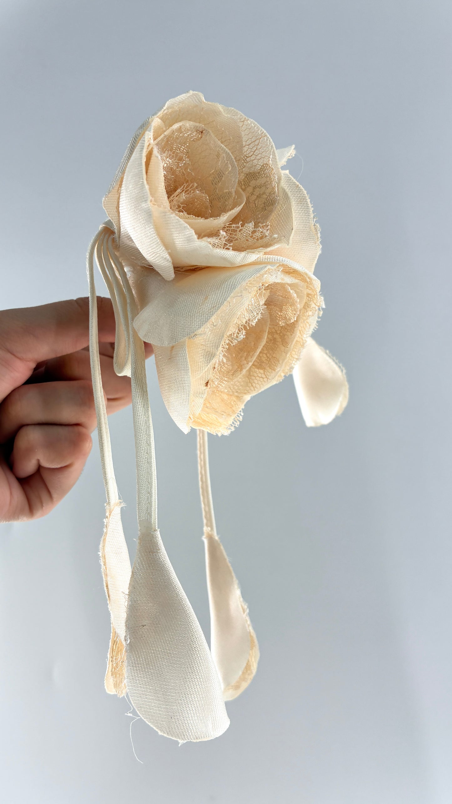 Vintage Brooch Pin: Oversized Rosette Cluster of Handmade Off White Satin and Lace Flowers with Pearl Center