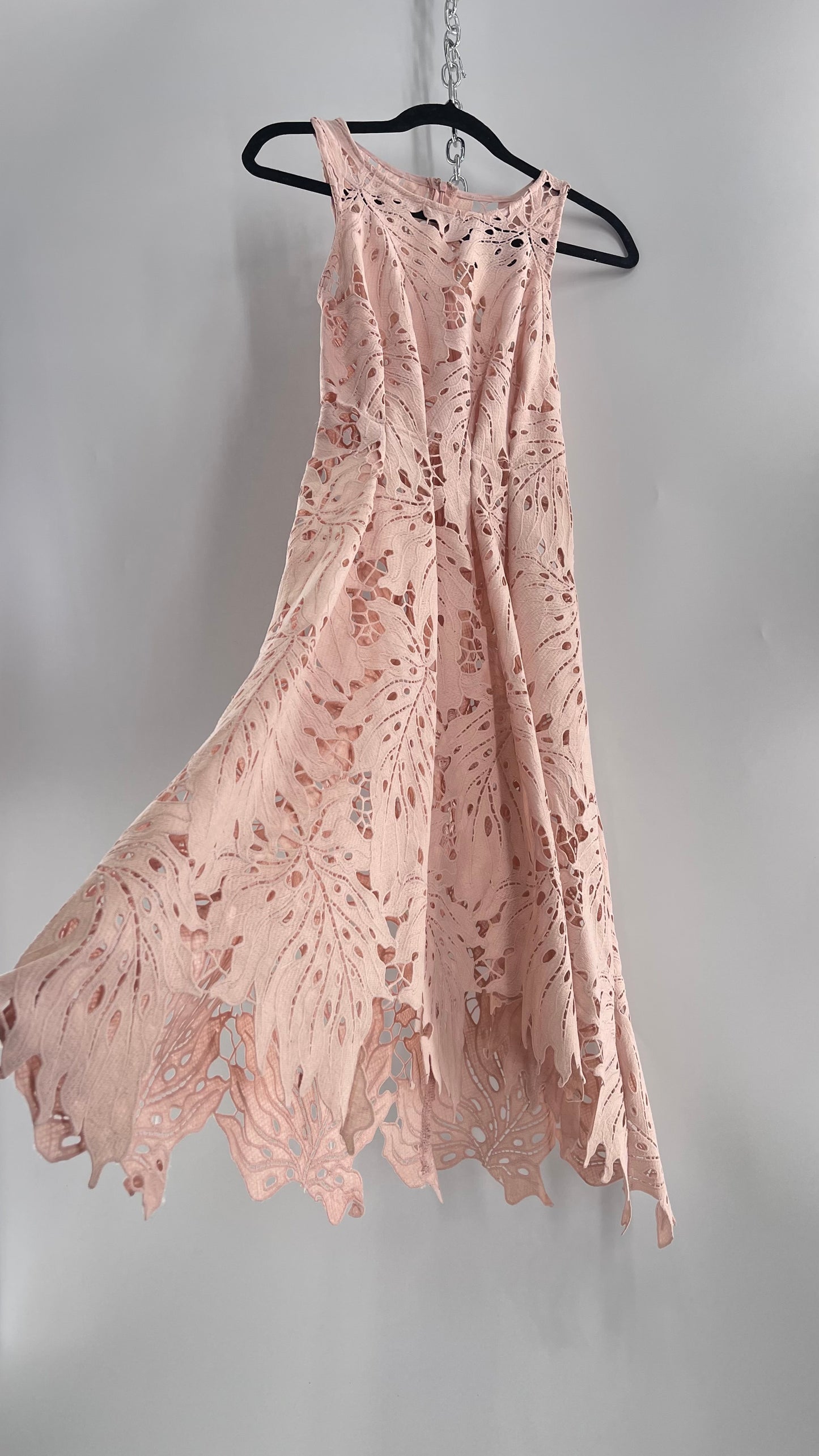 Anthropologie Eva Franco Baby Pink Completely Laser Cut Lace Palm Leaf Knee High Dress (2)