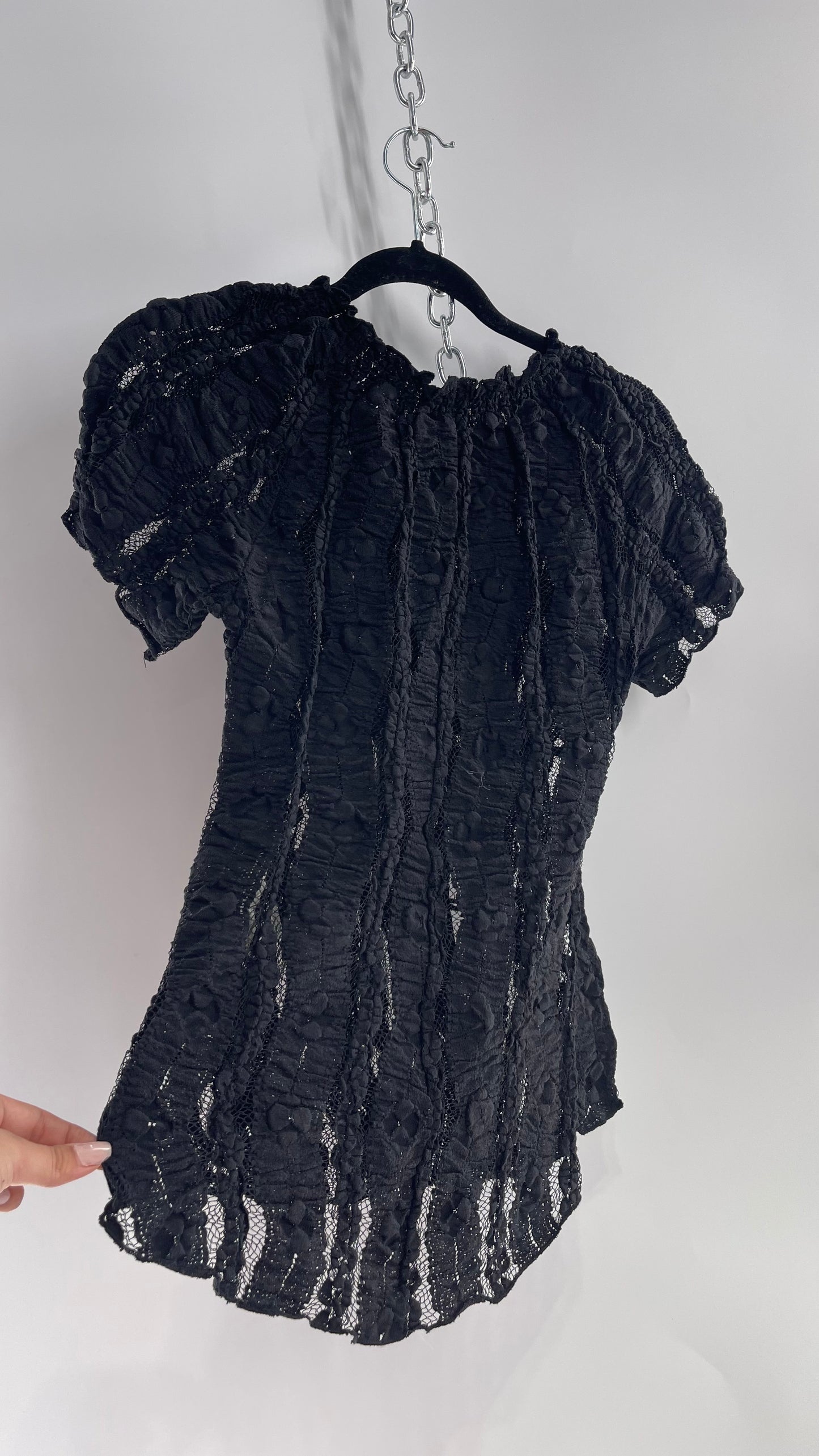 Free People Black Ruched Lace Puff Sleeve Blouse with Coconut Buttons and Tags Attached (XS)