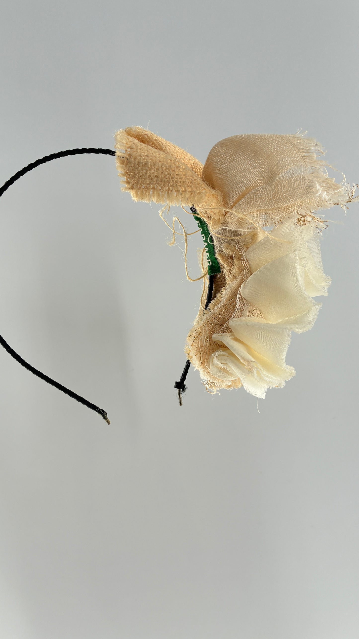 Vintage FARMER Handmade Discrete Headband with Oversized Beige Gold Bow Appliqué