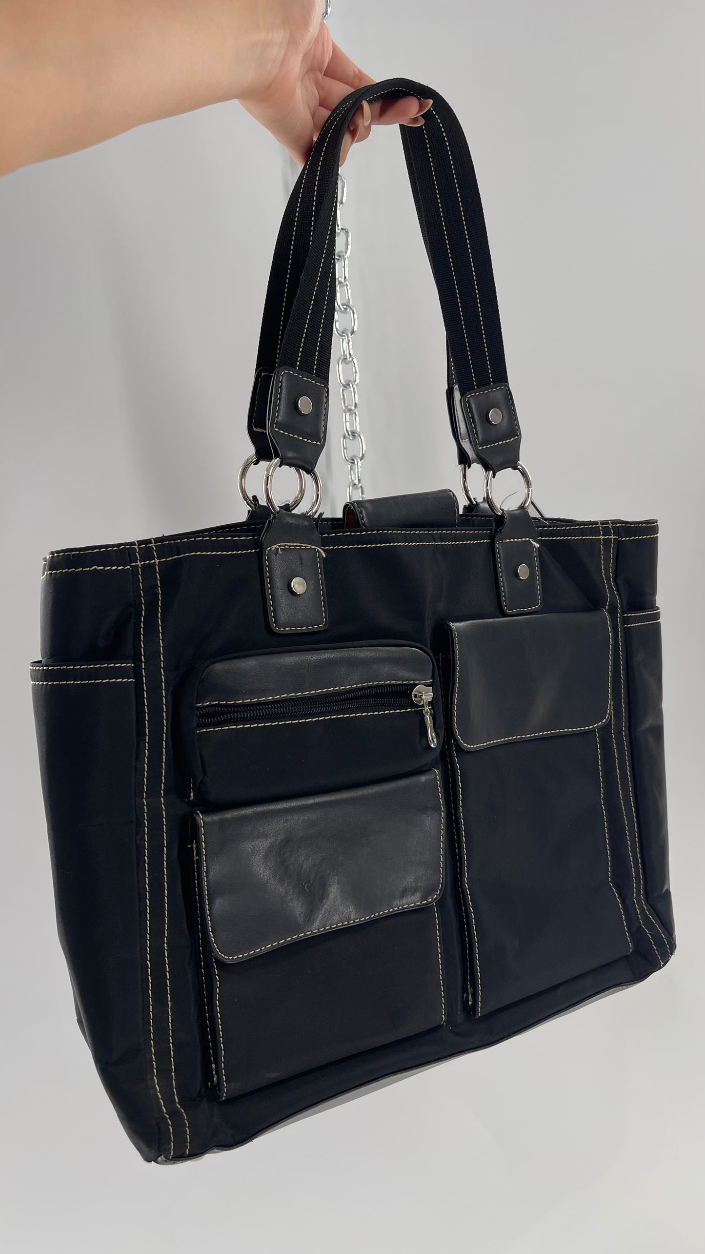 Vintage Oversized Black Exaggerated Pocket Tote Bag with Contrast Stitching
