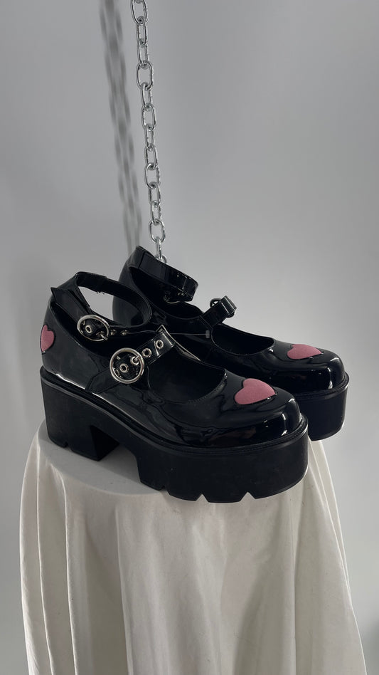 LaModa Ironic Black Patent Multibuckle Mary Jane with Pink Hearts (8)