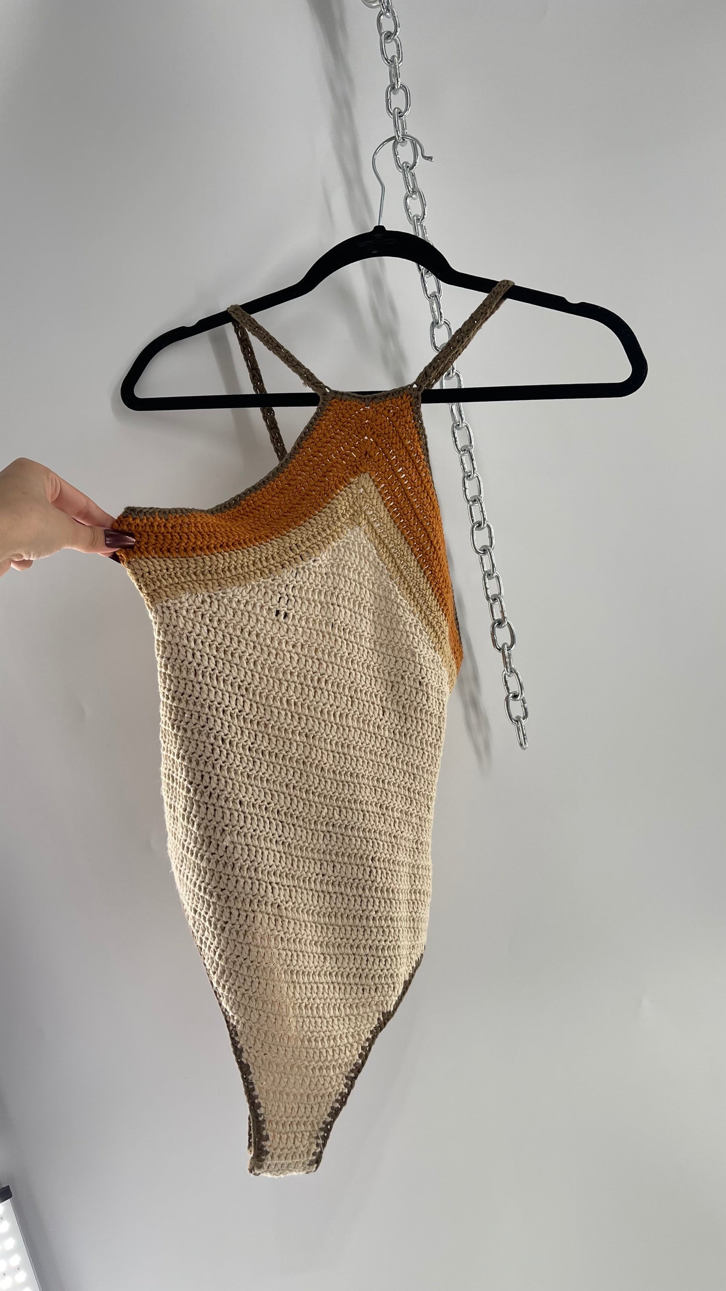 Intimately Free People Brown, Beige, Orange Crochet Knit Bodysuit (XS)