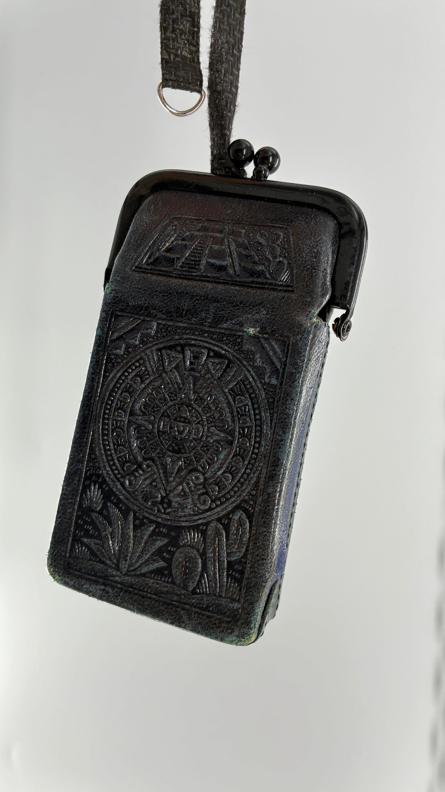 Vintage Mexican Black Engraved Leather Cigarette Pouch with Lighter Holster