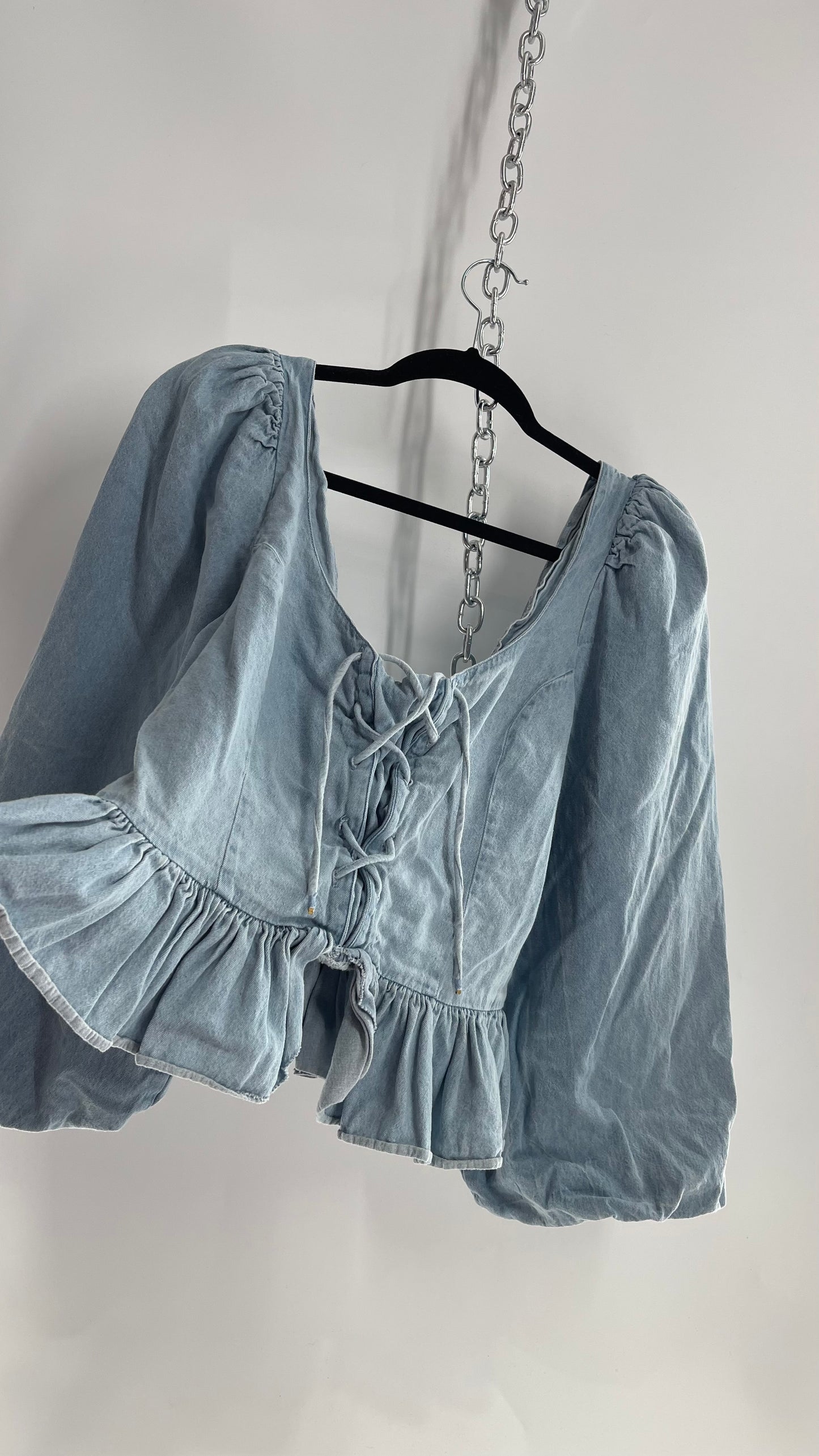 Love the Label Light Wash Denim Puff Sleeve, Ruffled Waist, Tie Bust Blouse (Large)