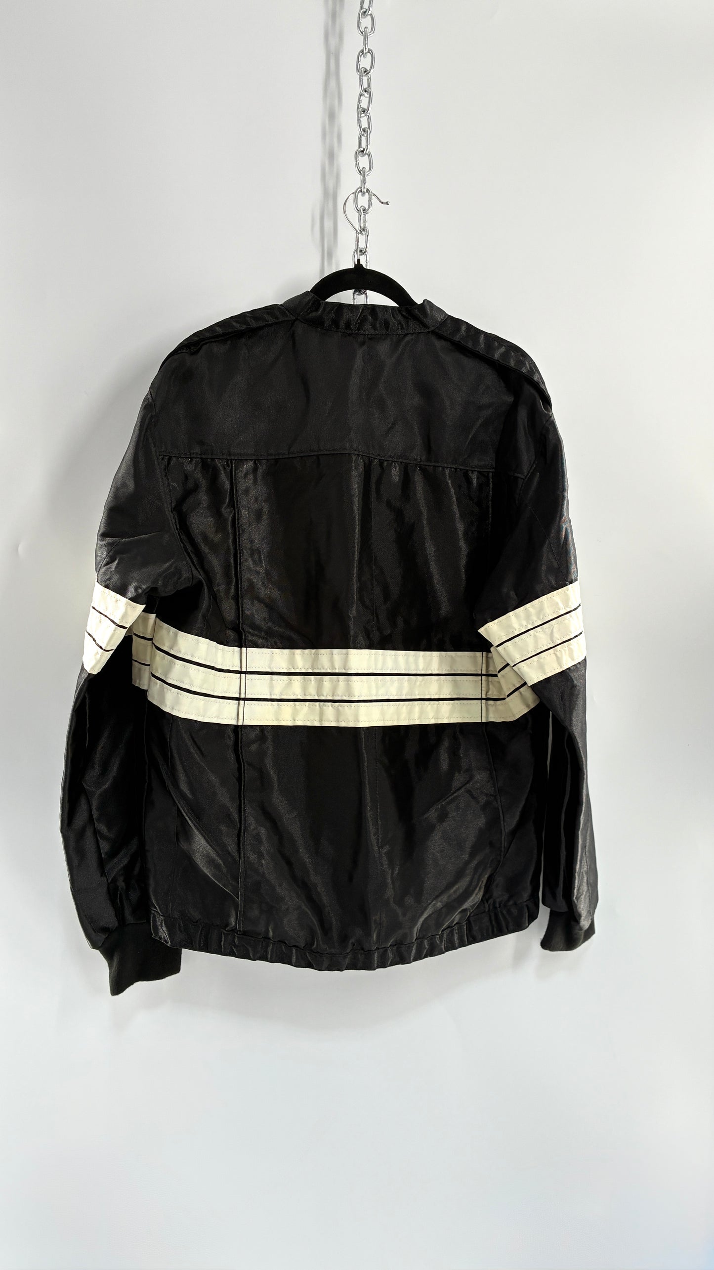Vintage TMC RACING Black Jacket with White Striped Detailing (Large)