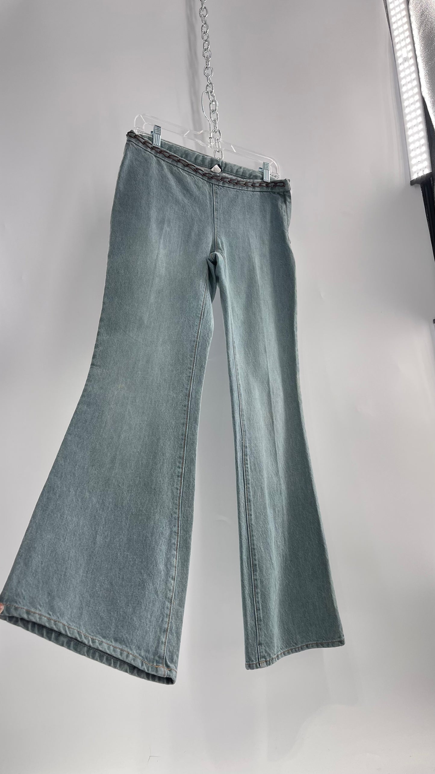 Vintage GAP Light Wash Denim Kick Flares with Bronze Chain Link Waistline (2)