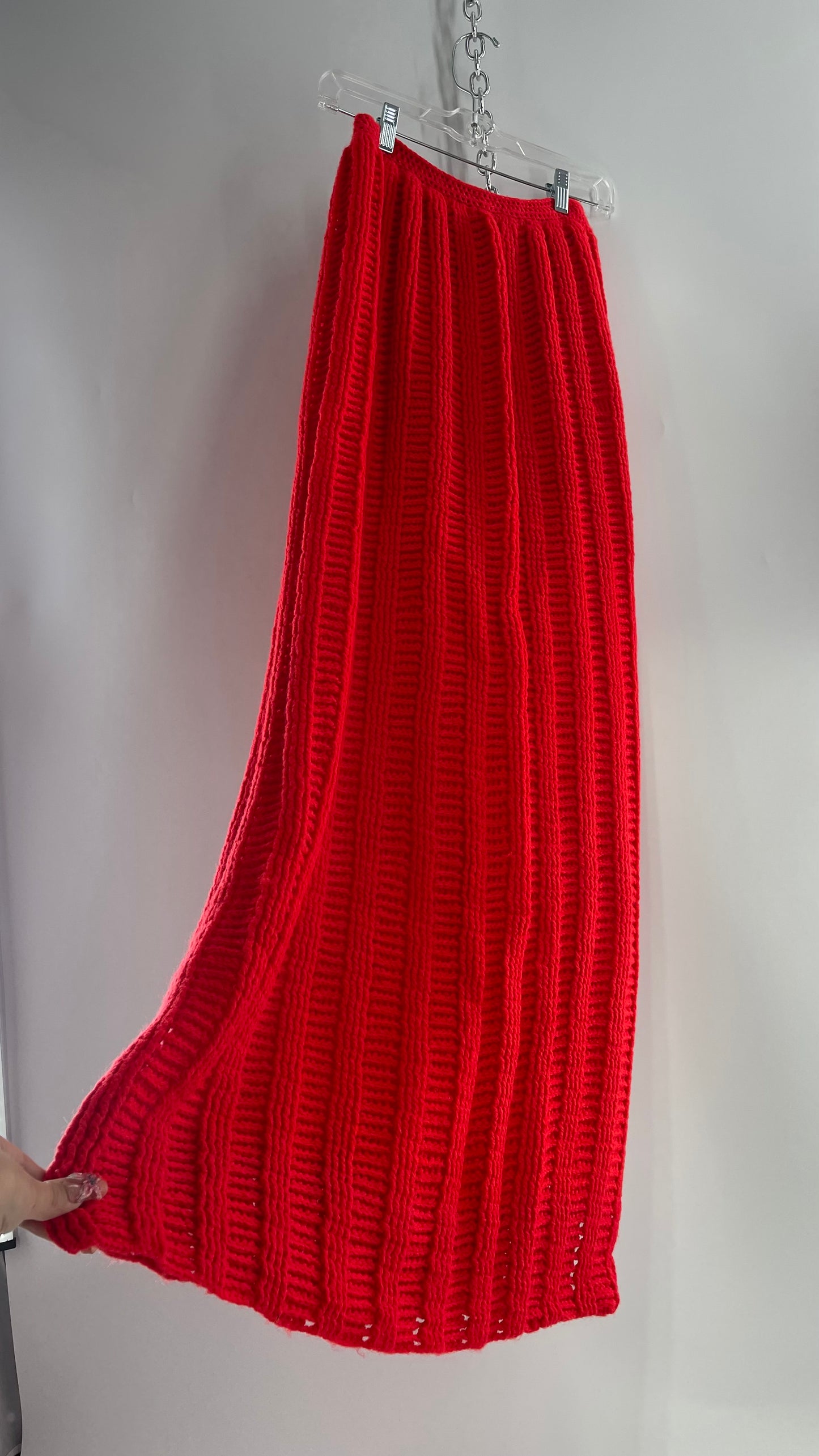 Vintage Hand Knit Red Maxi Skirt (XS)