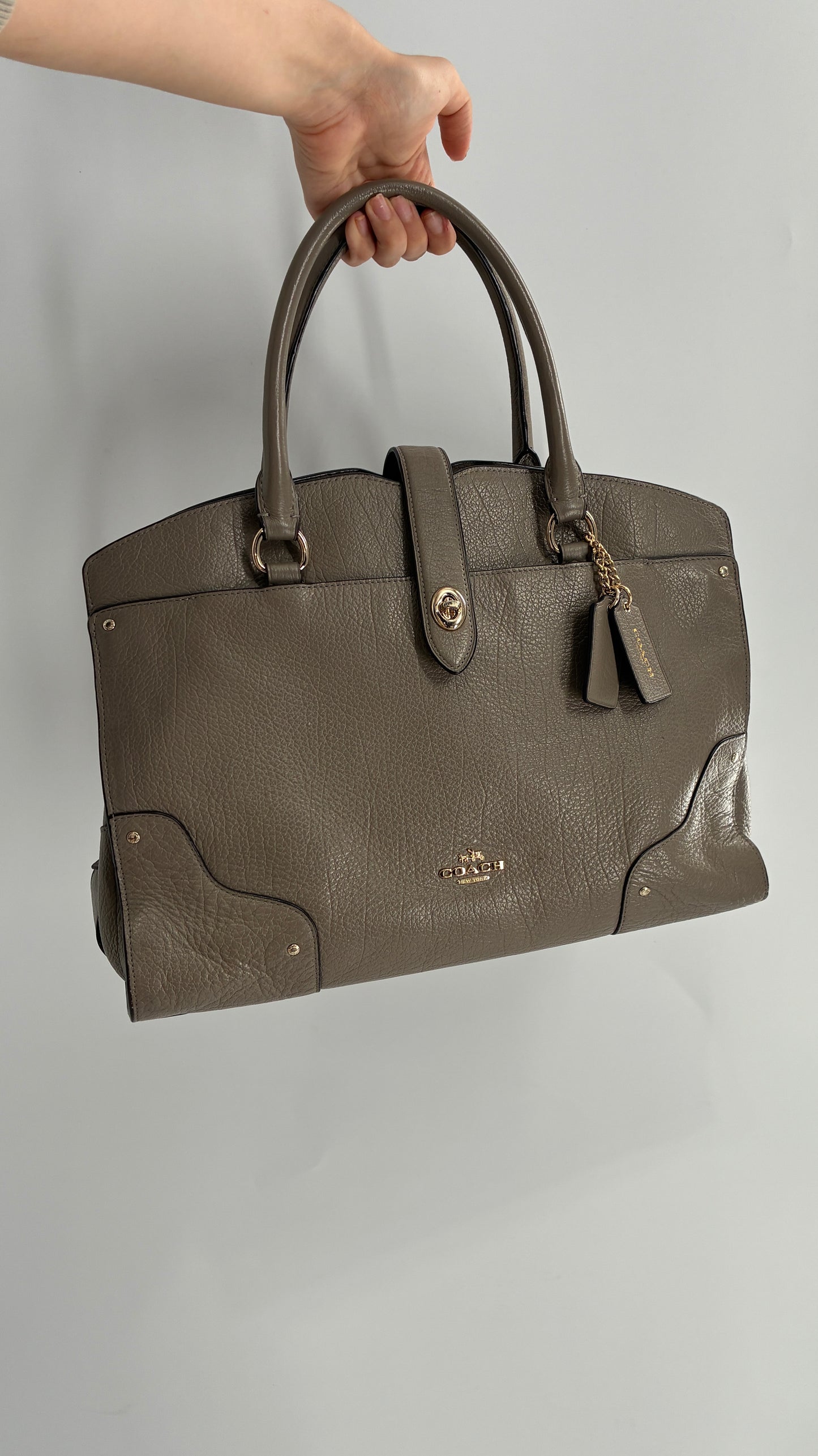 COACH Mercer Satchel 30in Grain Taupe Leather Bag with Multiple Sections and Pockets