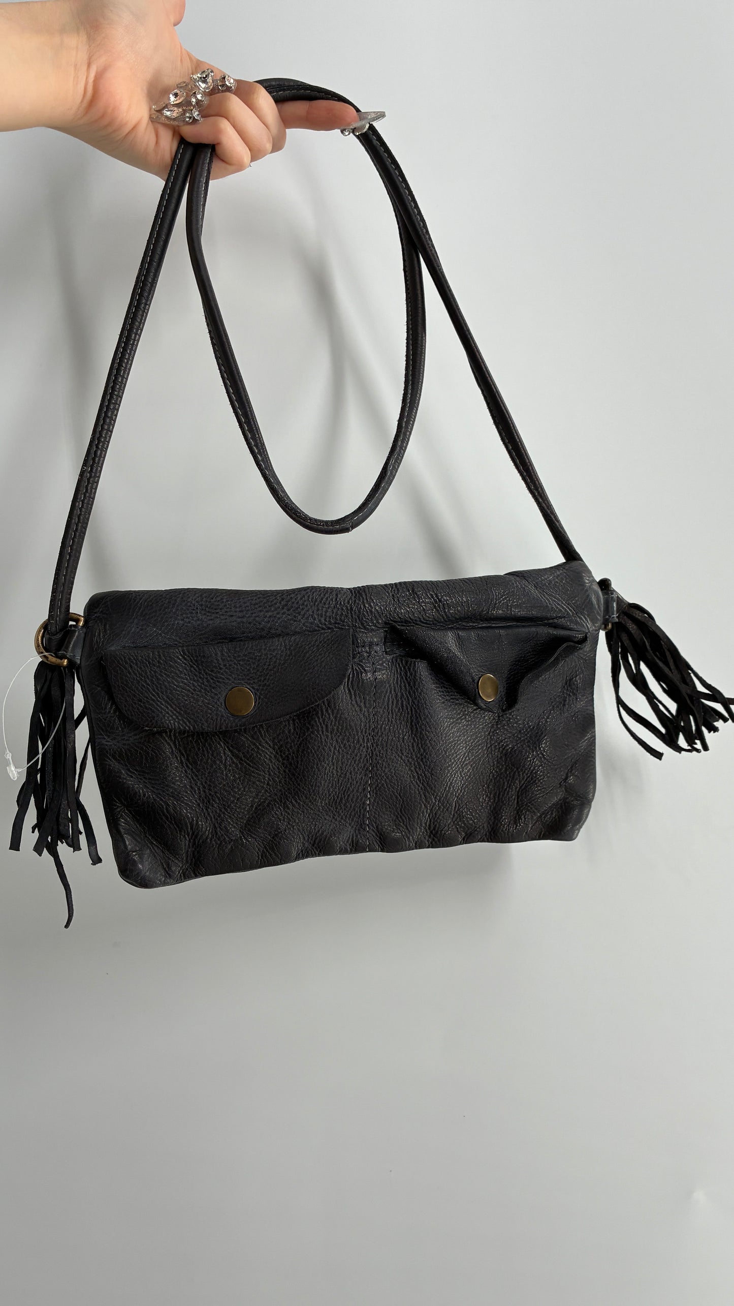 Free People Black Leather Cross Body Fringe Tassel Pouch Pocket Purse