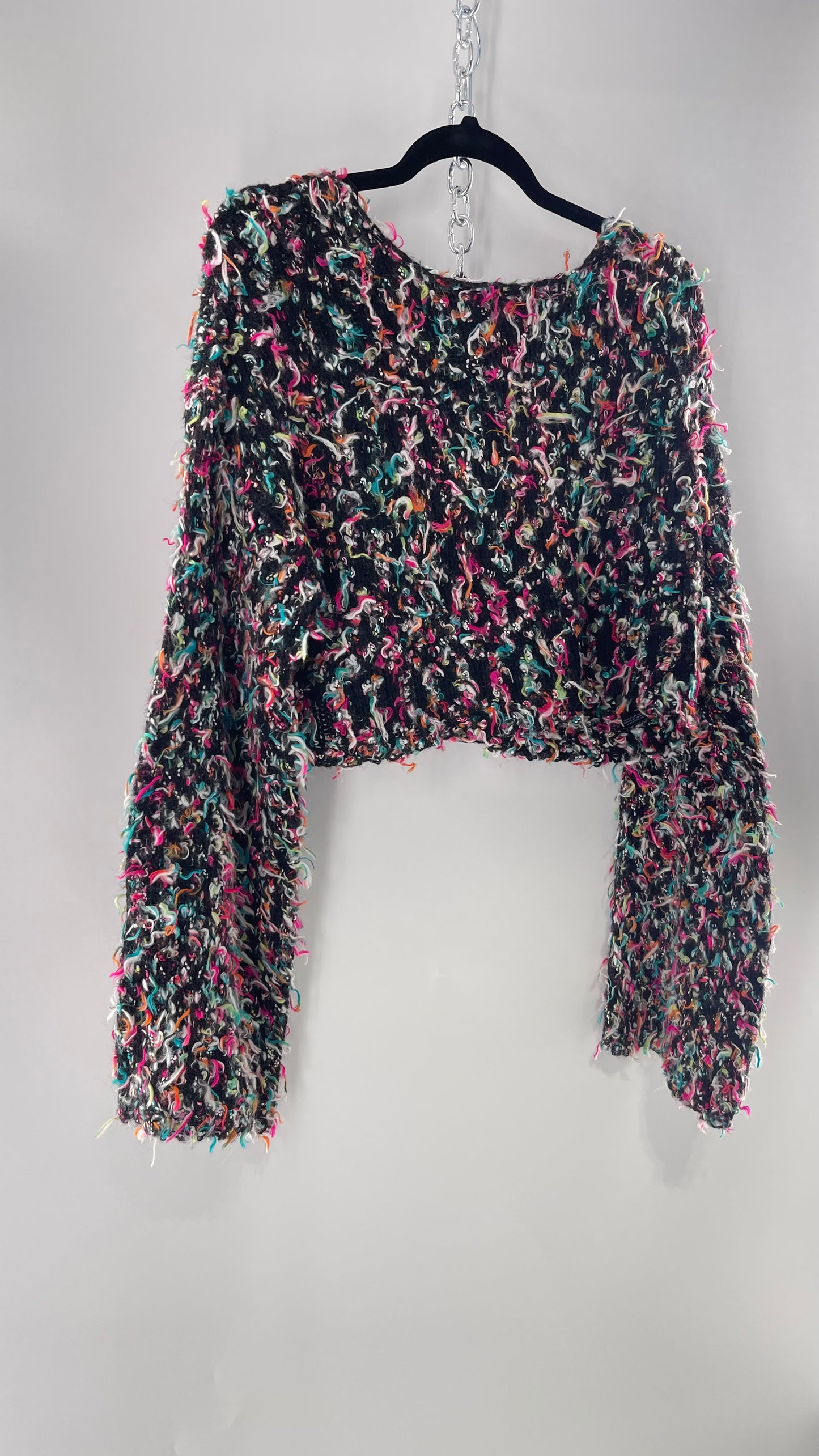 Urban Outfitters Shaggy Black Cropped Sweater with Colorful Threads (Medium)