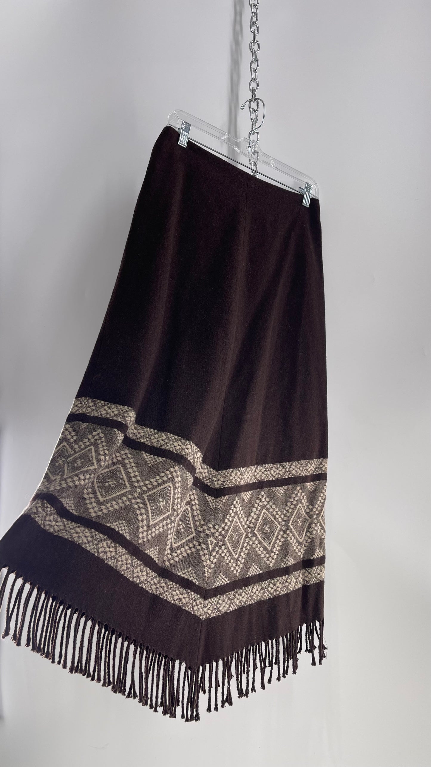 Vintage JONES NY COUNTRY 60% Wool Brown Woven Skirt with Grey Patterned Fringe Hem (6)