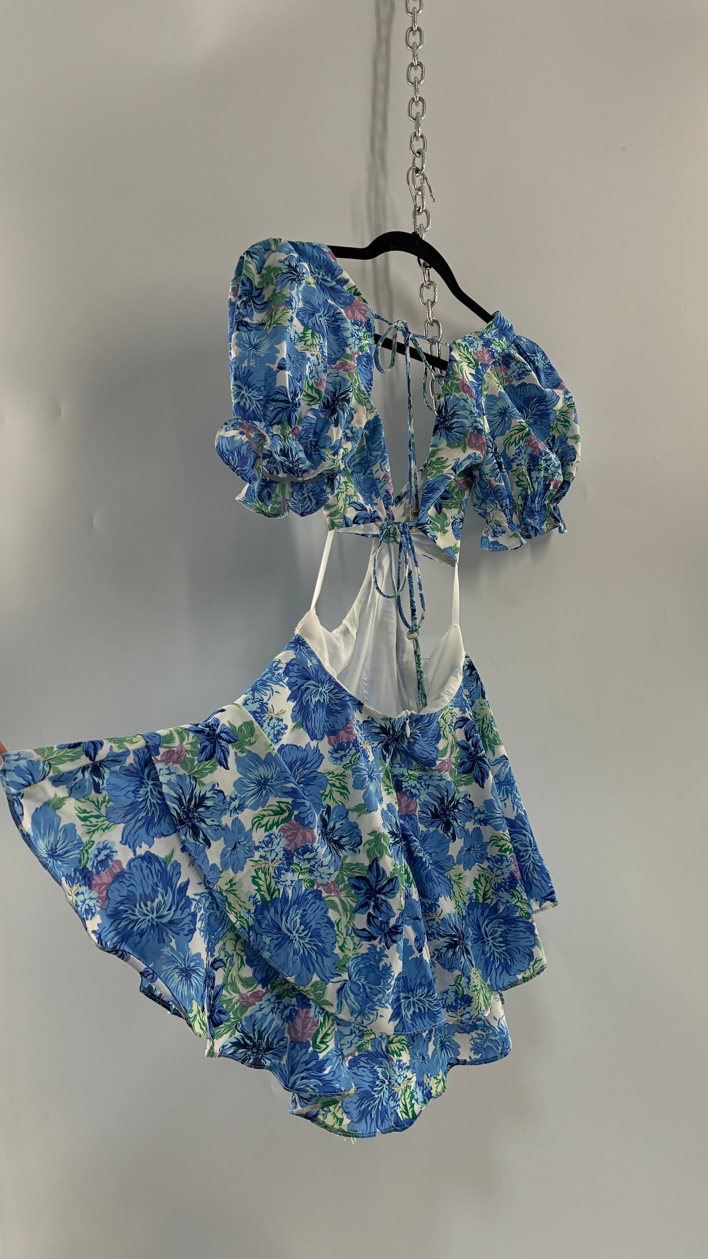 Hello Molly Blue Puff Sleeve Mini Dress with Completely Ruffled Sides and Tags Attached (XS)