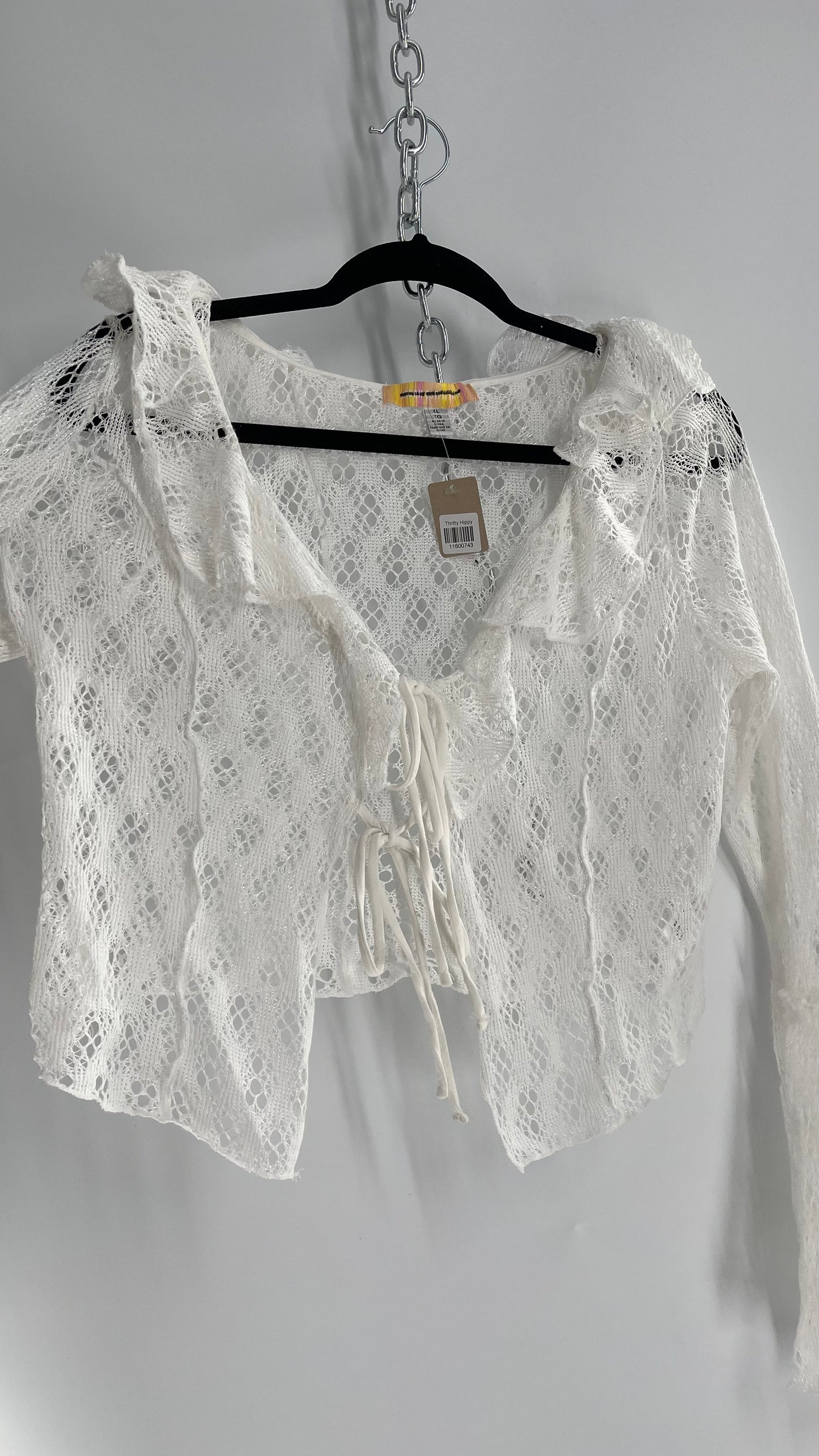 Urban Outfitters White Lace Bell Sleeve, Ruffled Neckline, Tie Bust Blouse (XL)