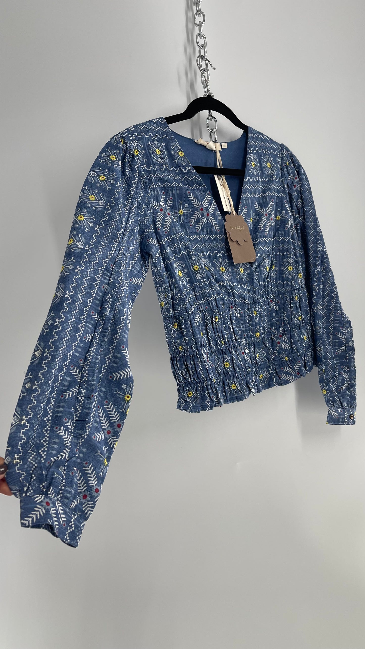 Flower That Girl Anthropologie Blue Patterned Blouse with Tags Attached (XS)