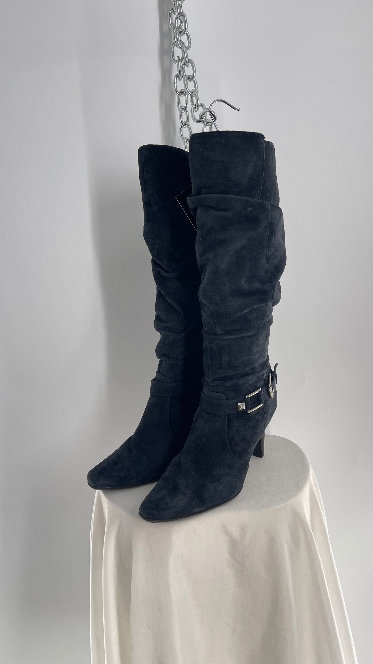 Vintage White Mountain Black Stacked Knee High Heel Boots with Ankle Stud and Buckle (7.5)