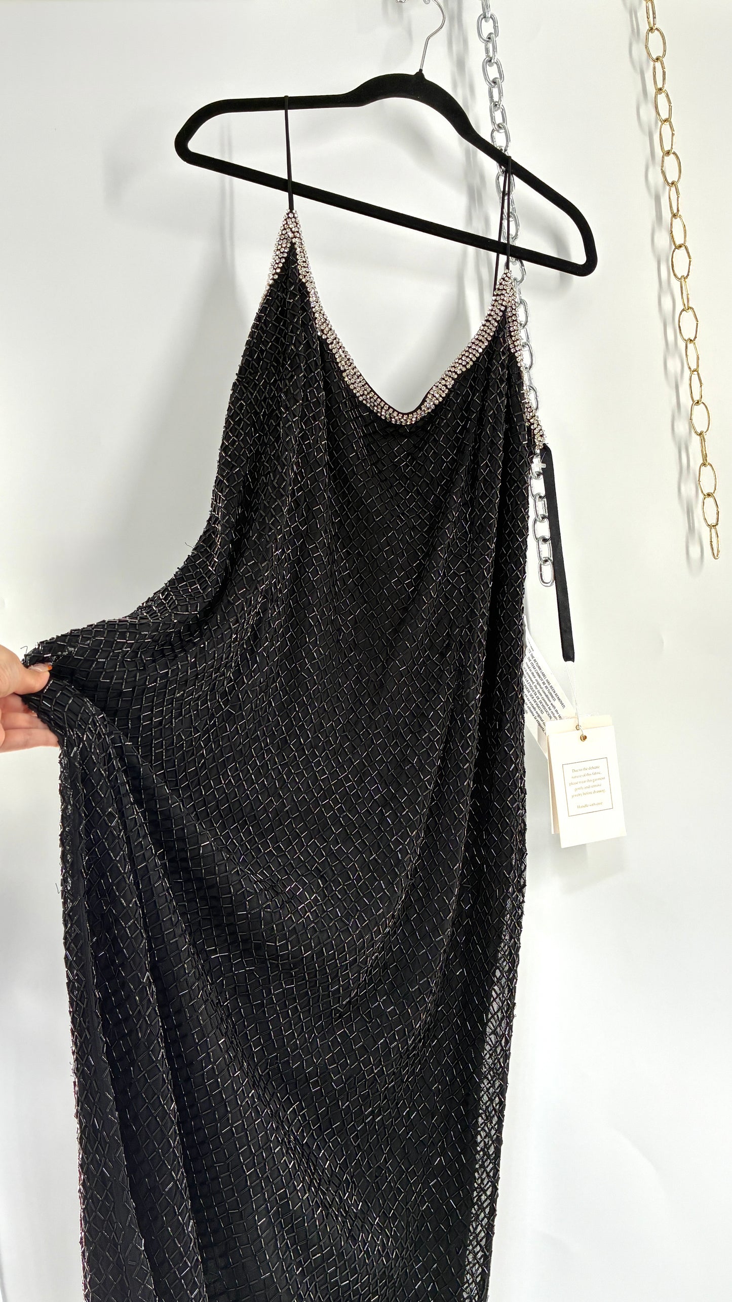 Vintage MAC DUGGAL Black Beaded Spaghetti Strap Column Gown with Tags Attached (16)