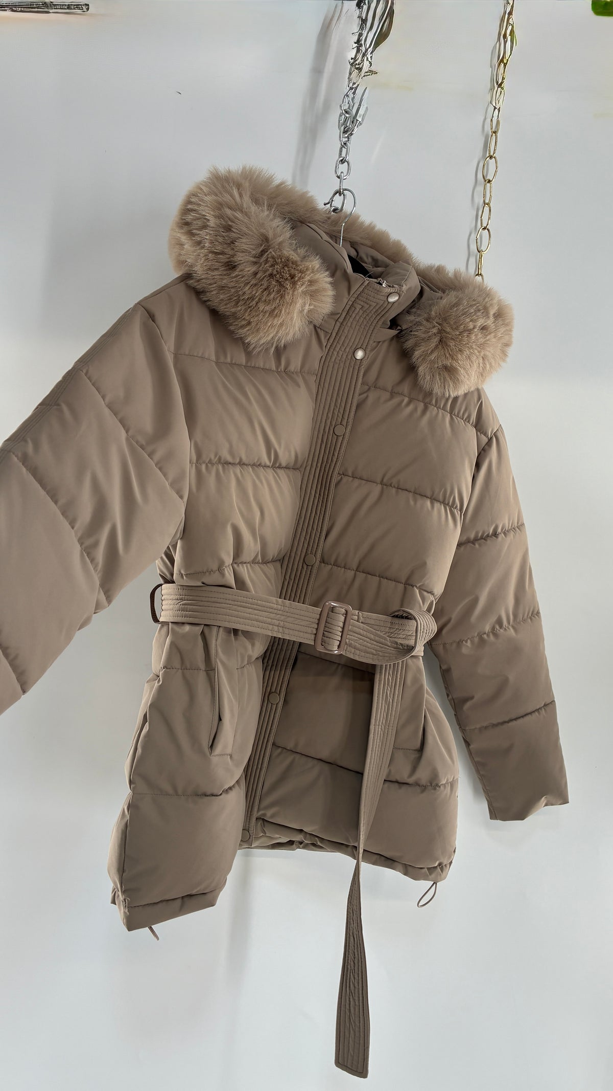 KATCH ME Taupe NWOT Bubble Coat with Exaggerated Vegan Fur Lined Hood NWOT (XL)