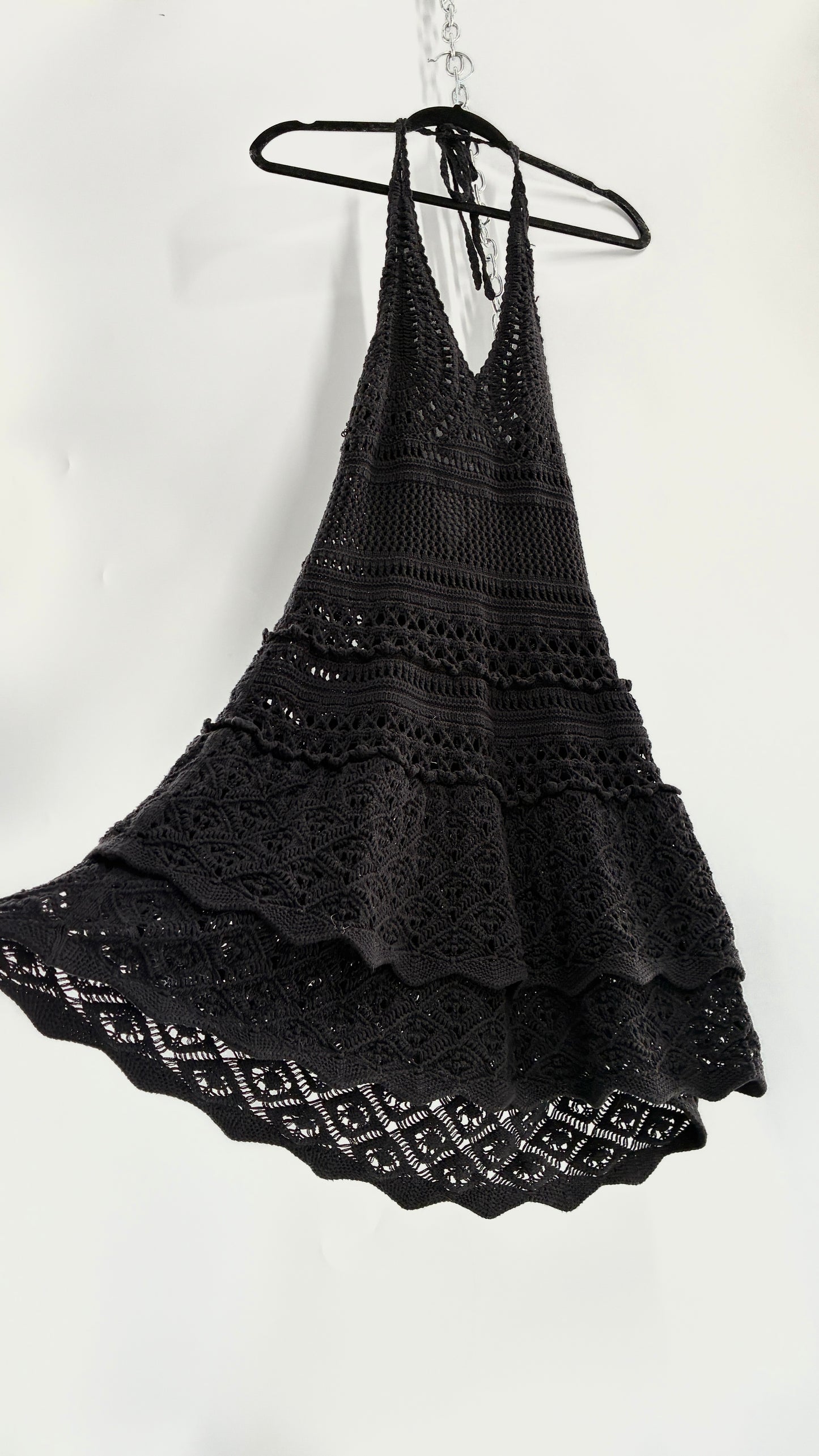 Vintage MODA INTERNATIONAL Black 100% Cotton Crochet Mini Halter Dress with Ruffled Skirt (Medium)