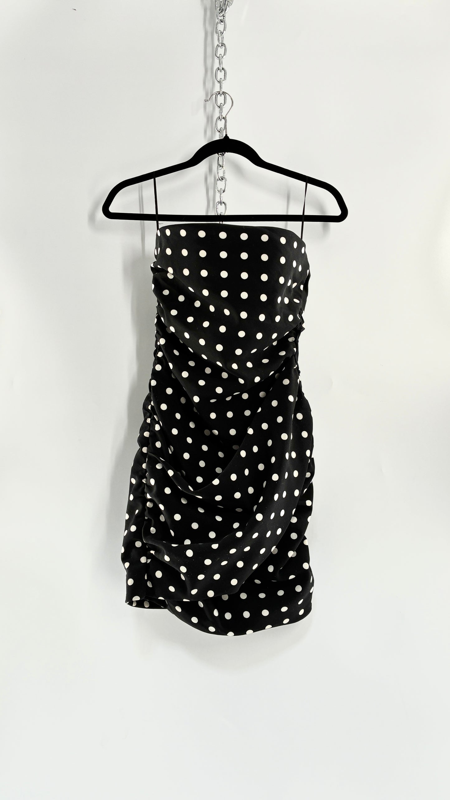 LIONESS Black and White Polka Dot Bodycon Ruched Mini Dress (Small)