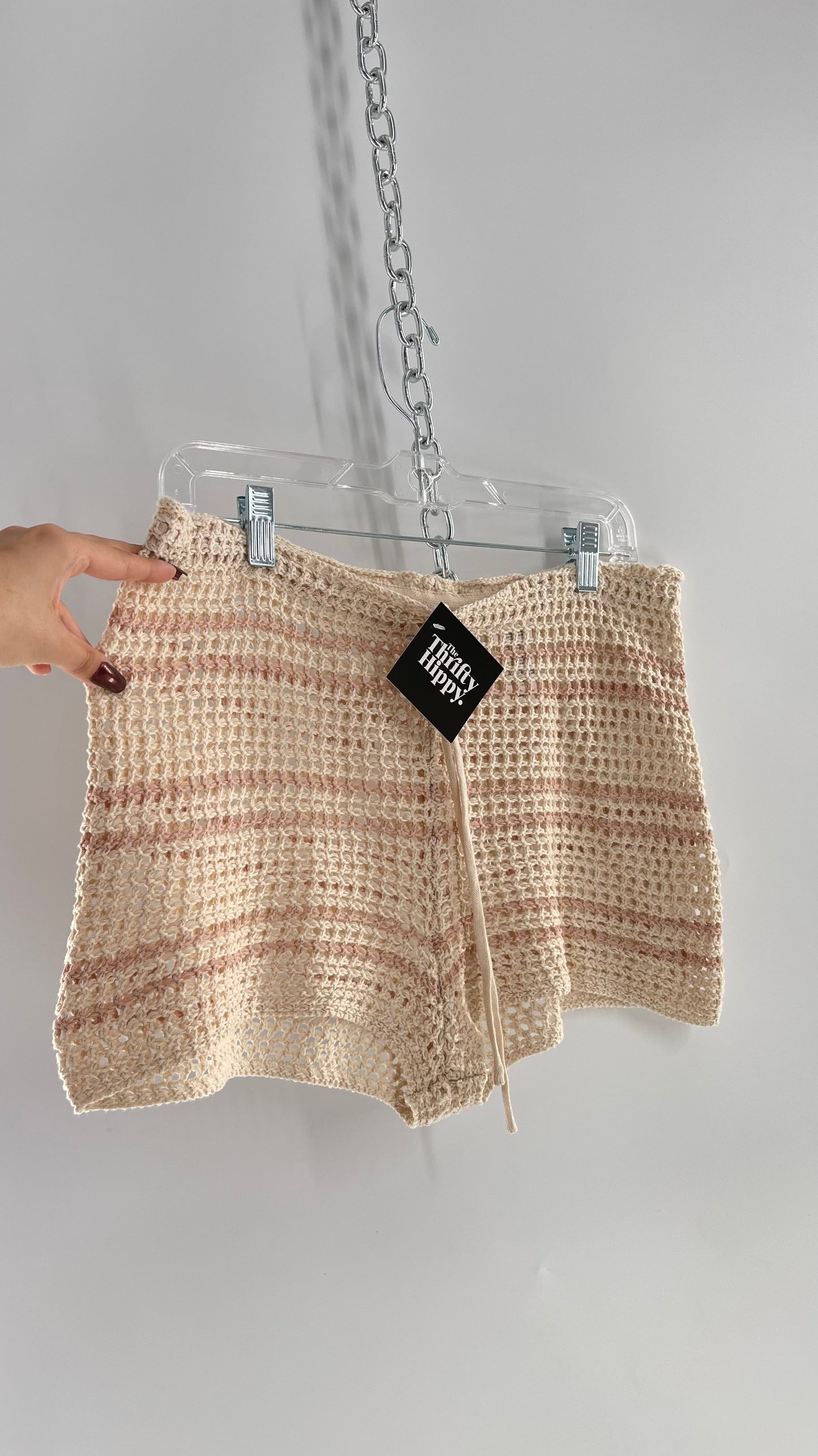 Free People Beach Beige Knit Crochet Cover Up Shorts (Medium)