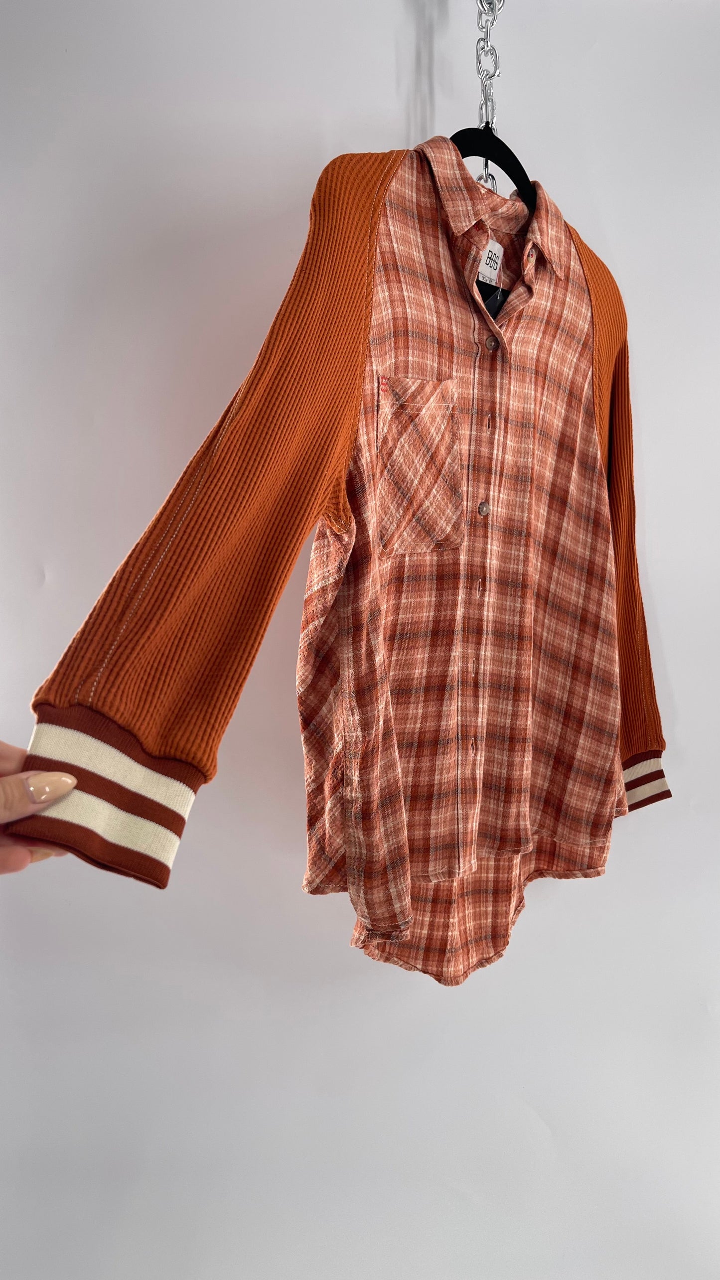 BDG Burnt Orange Flannel with  Waffle Knit Sleeves (XS)